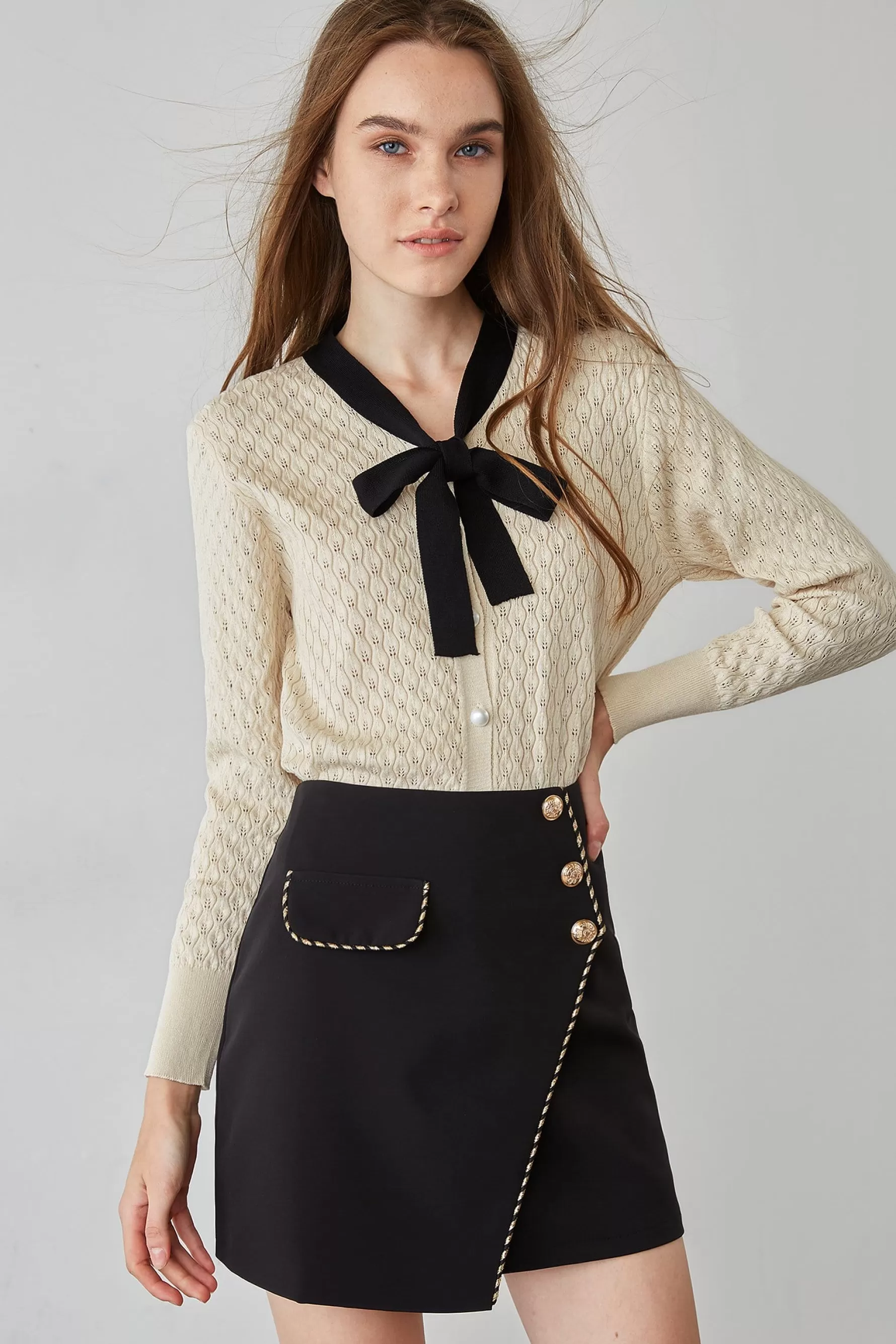 Jingus Ashtyn Contrast Bow Tie Cardigan-J.ING