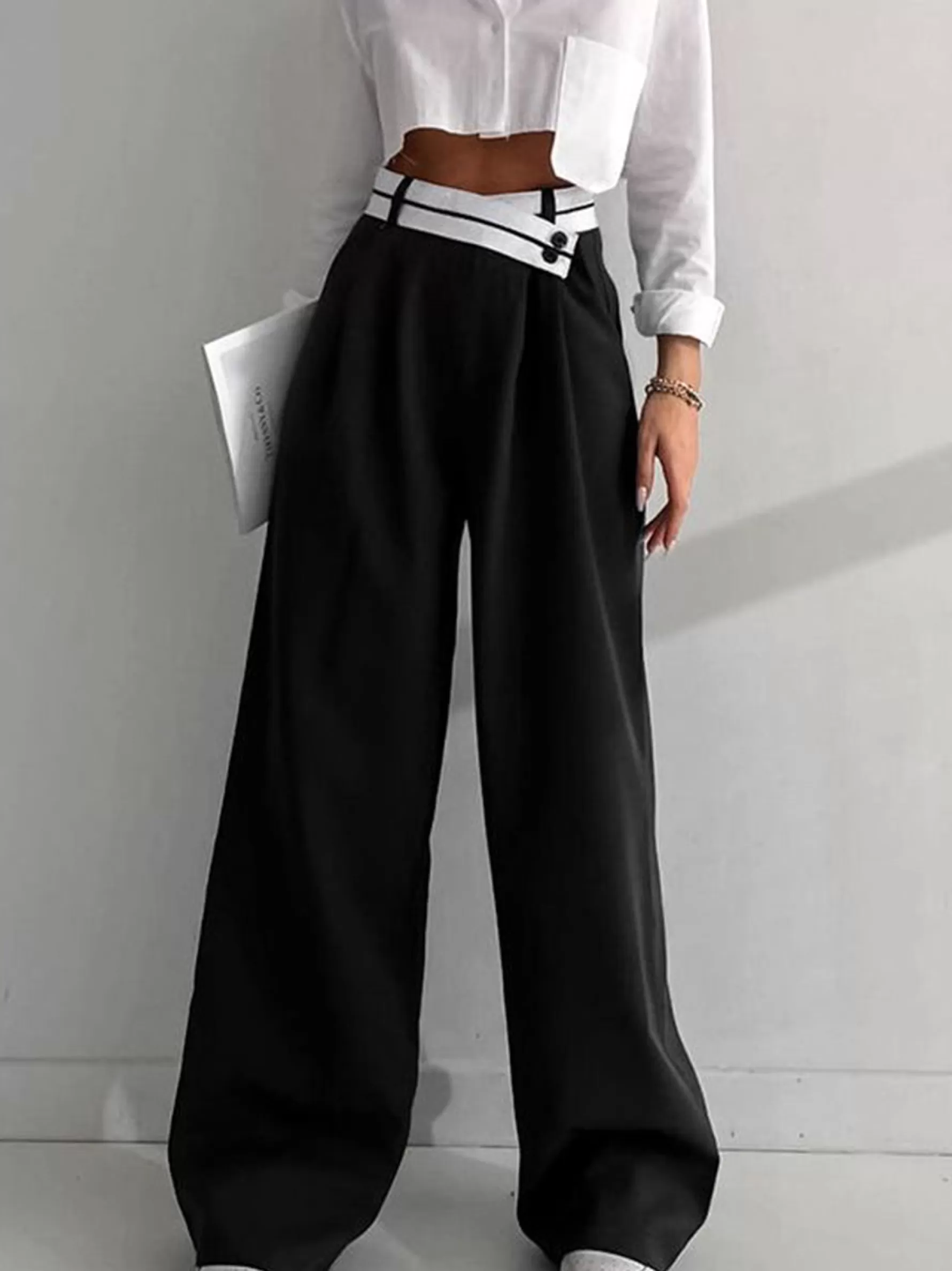 Jingus Asymmetrical Contrast Waistband Wide Leg Dress Pants-J.ING