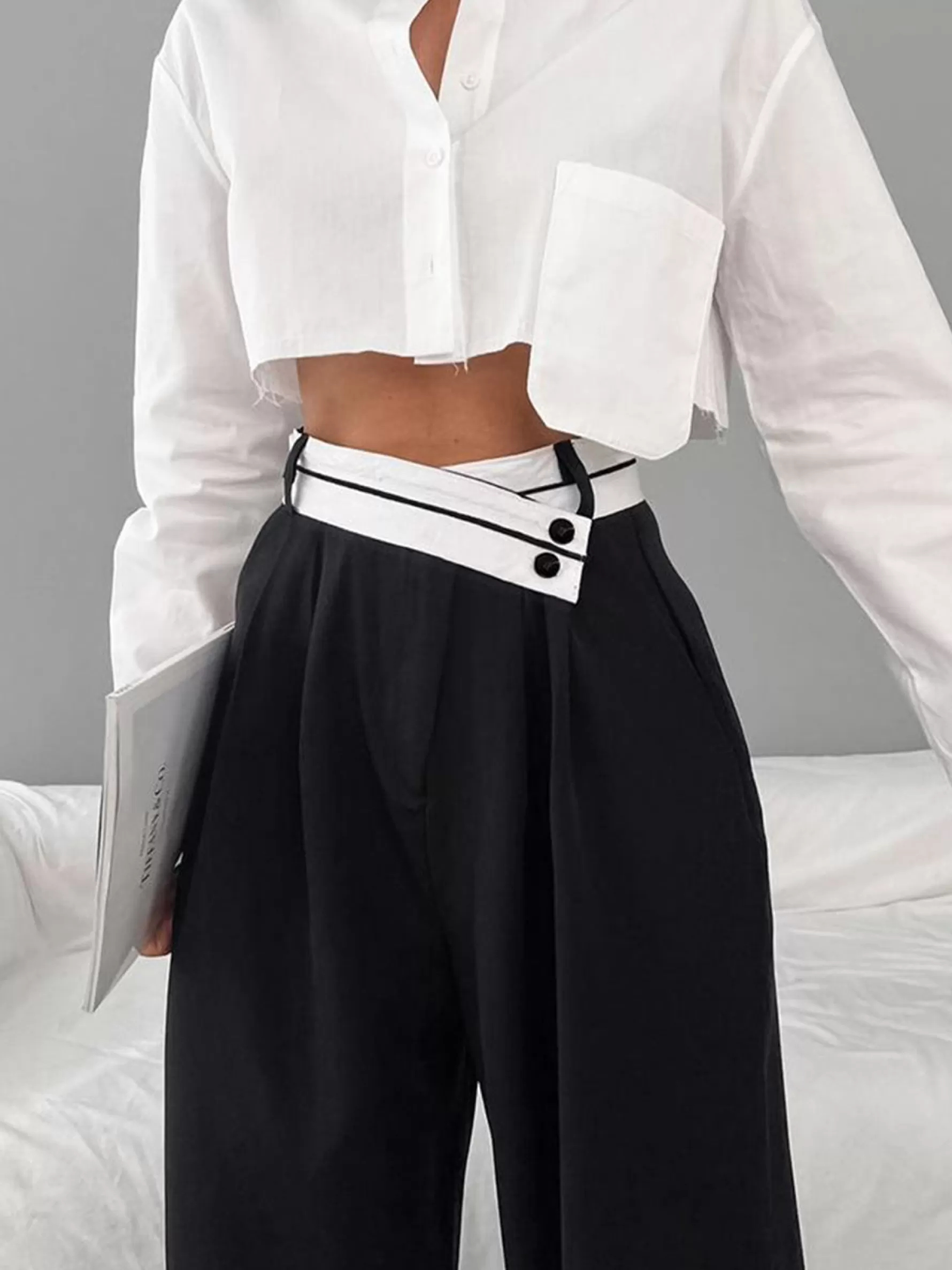 Jingus Asymmetrical Contrast Waistband Wide Leg Dress Pants-J.ING