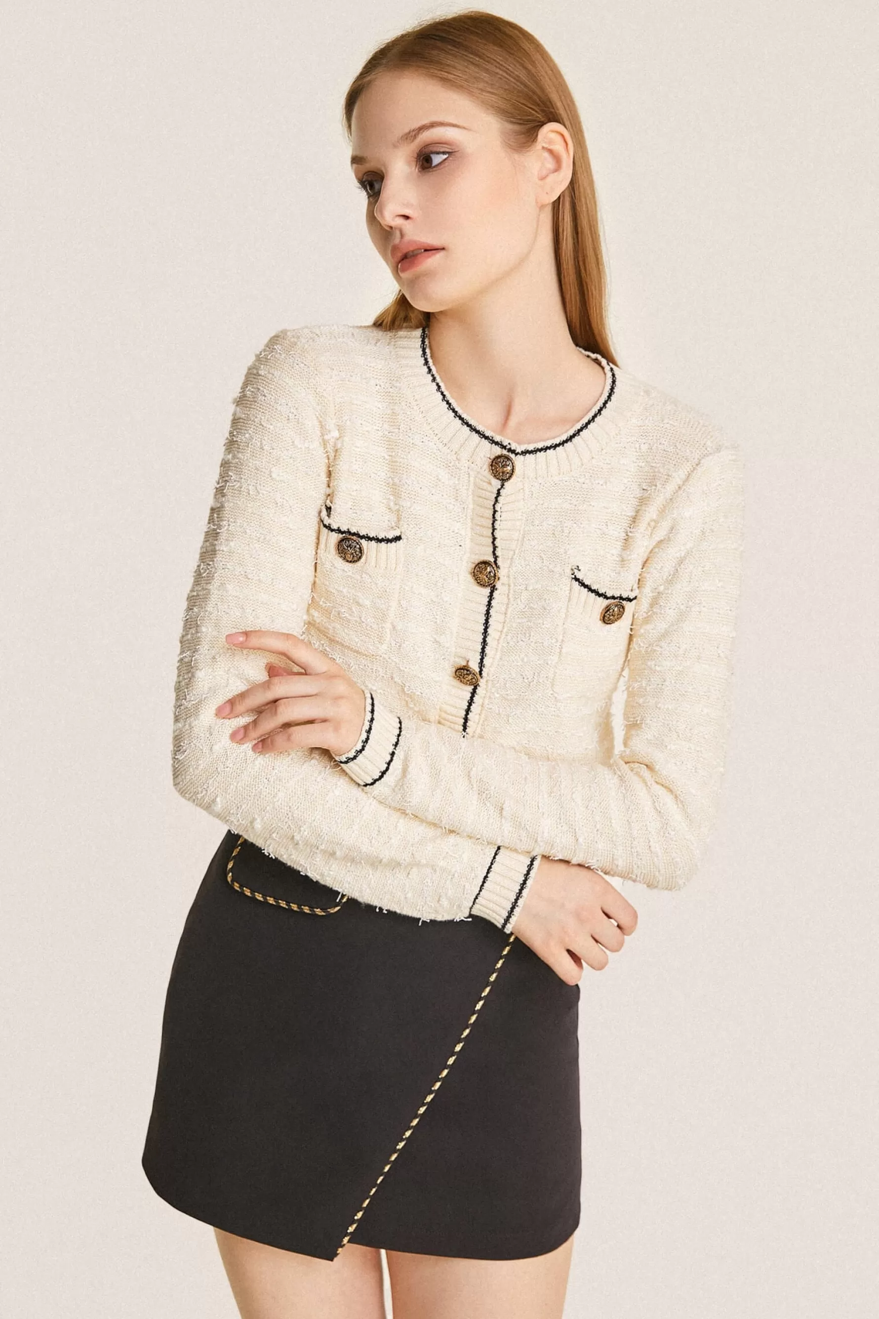 Jingus Contrast Trim Button-Up Frayed Cardigan-J.ING