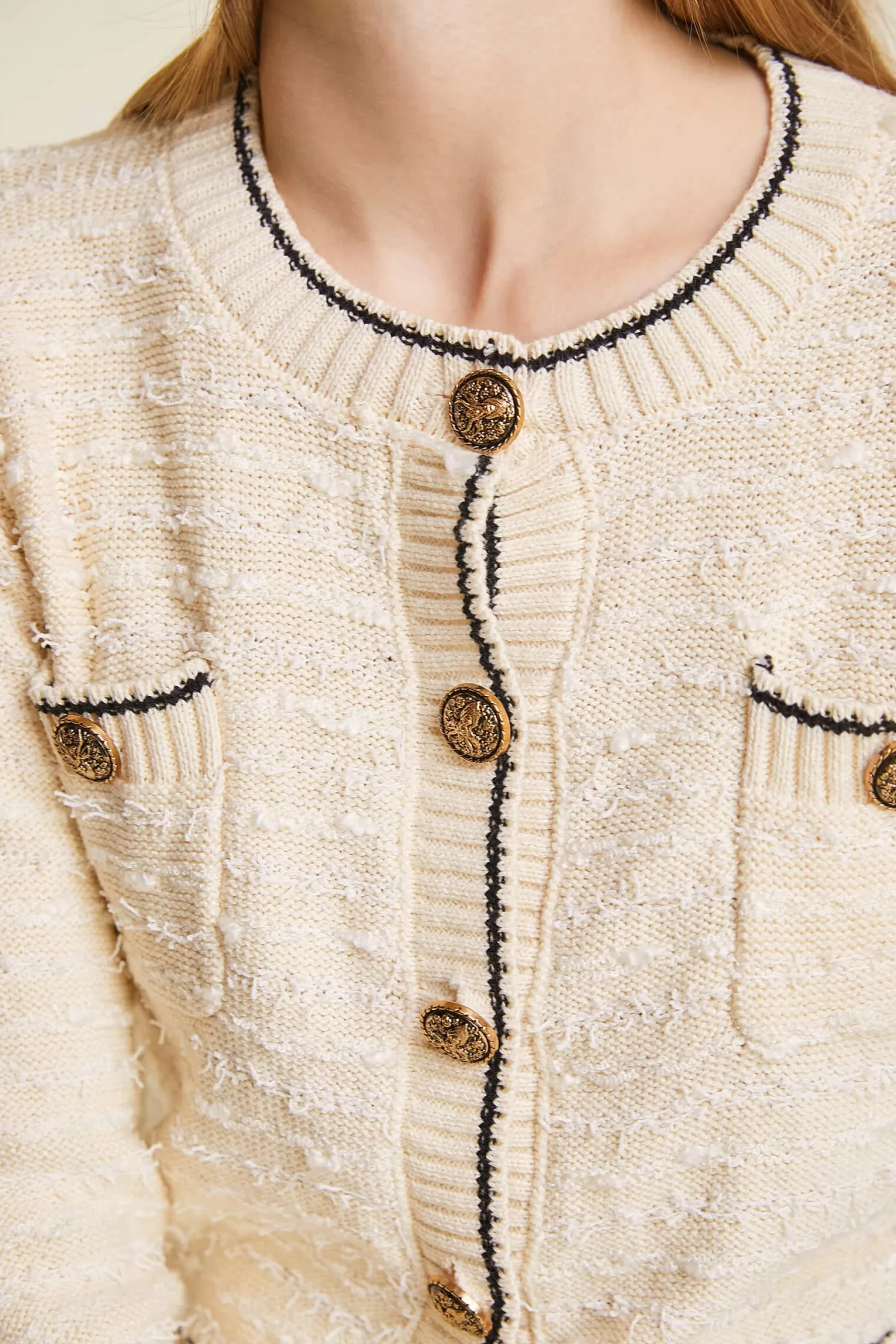 Jingus Contrast Trim Button-Up Frayed Cardigan-J.ING