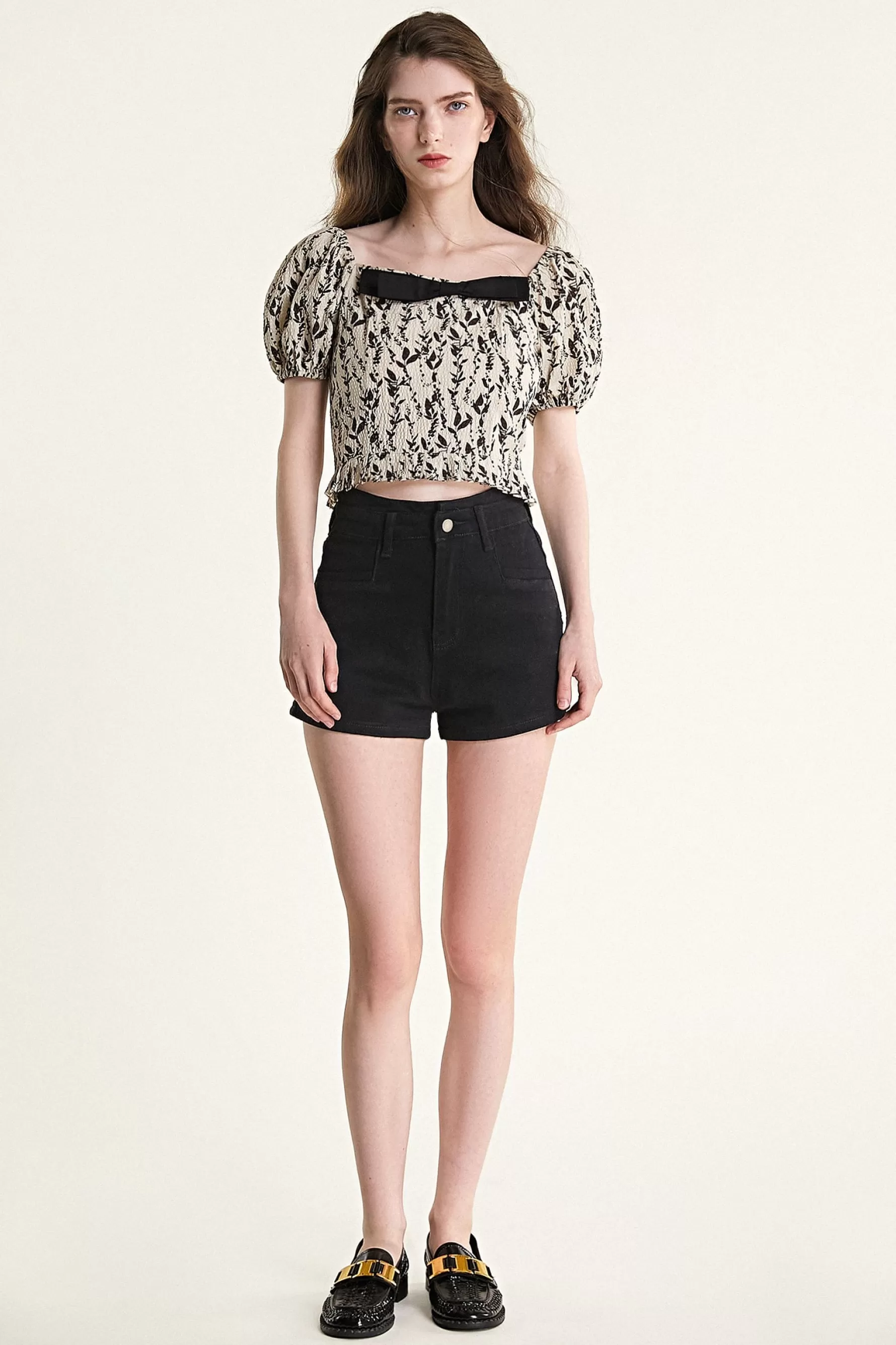 Jingus Leaf Print Puff Sleeve Bow Detail Crop Top-J.ING