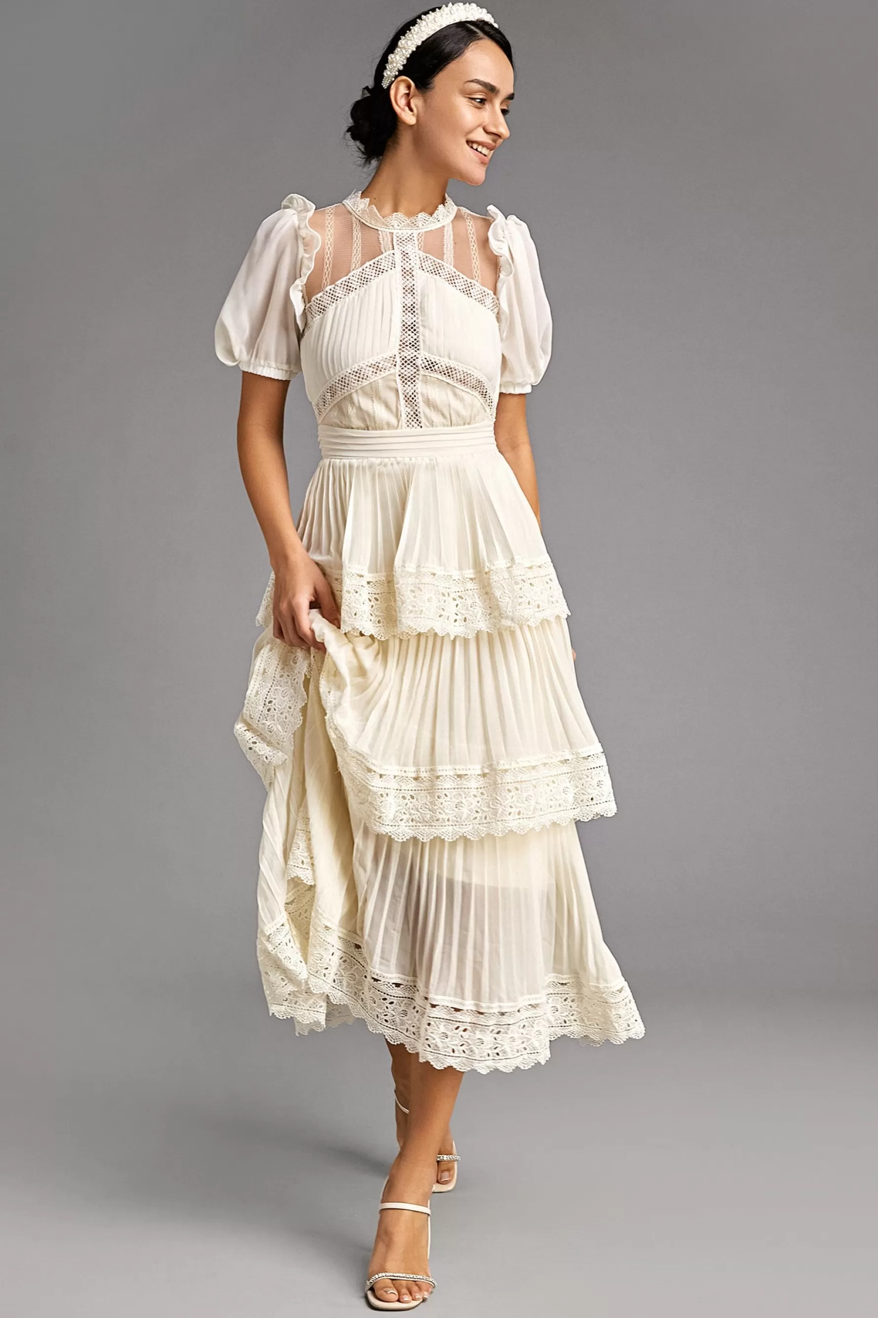 Jingus Mesh Lace Trim Pleated Tiered Maxi Dress-J.ING