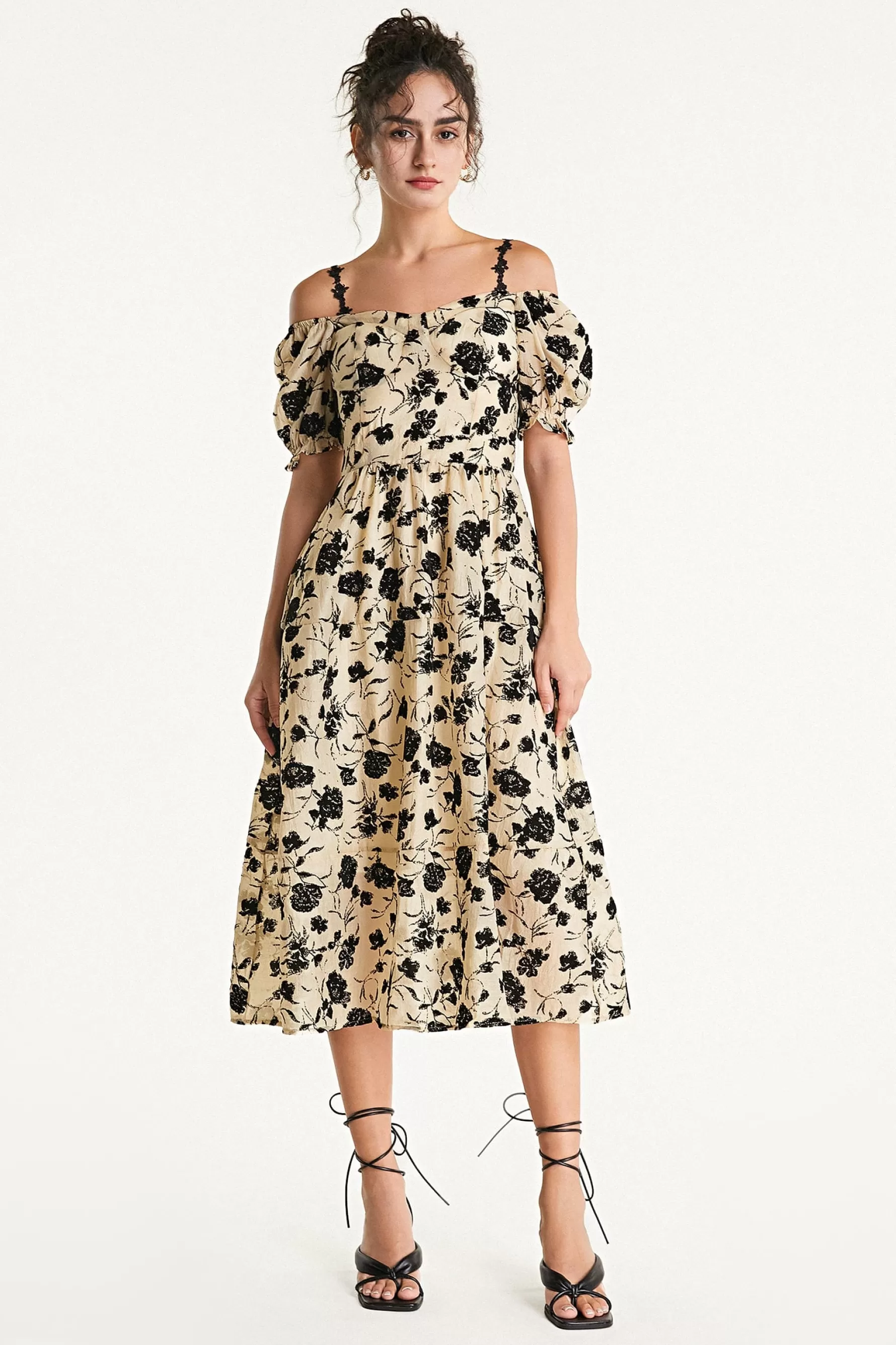 Jingus Off-the-Shoulder Velvet Floral Midi Dress-J.ING