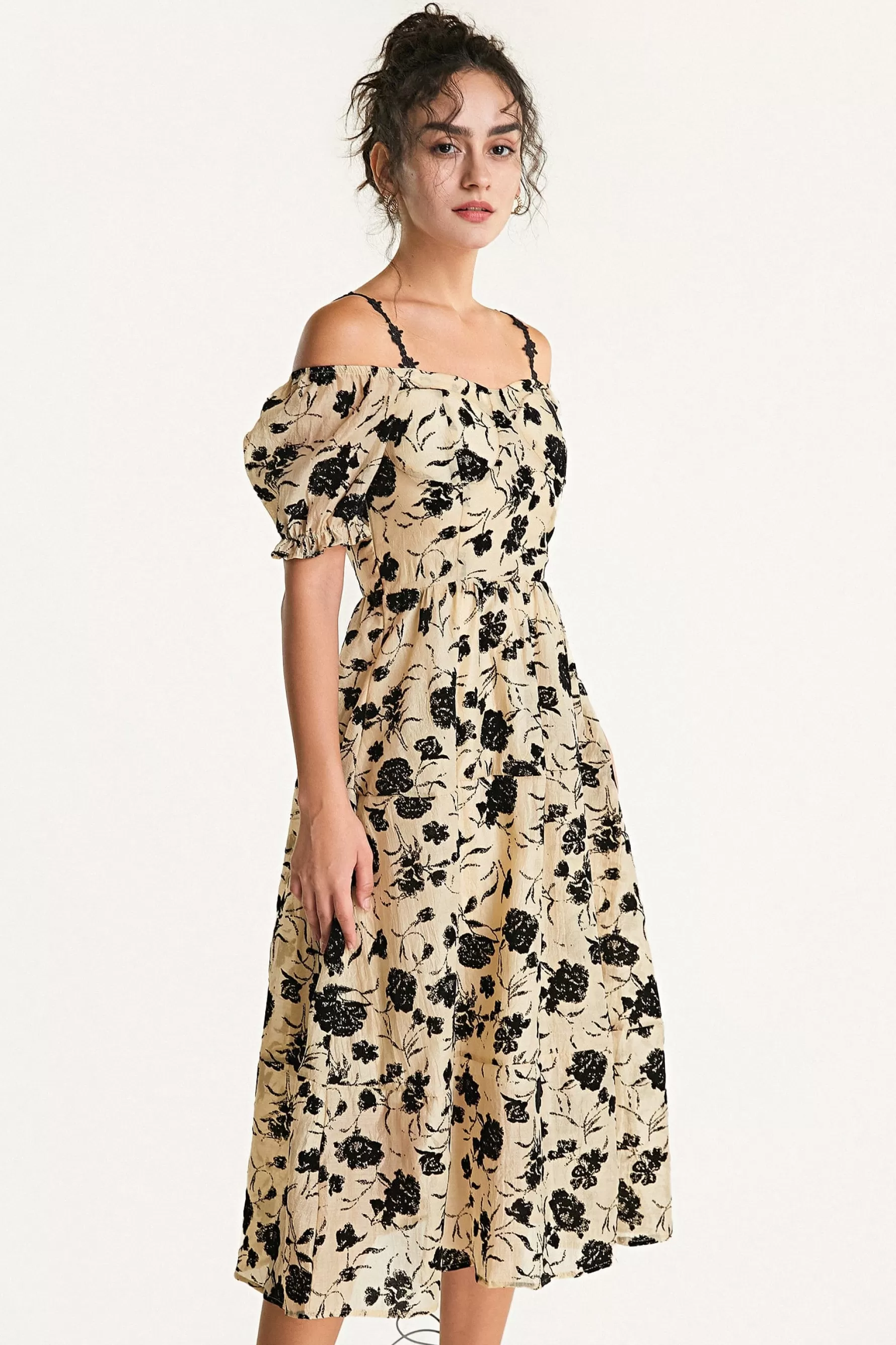 Jingus Off-the-Shoulder Velvet Floral Midi Dress-J.ING