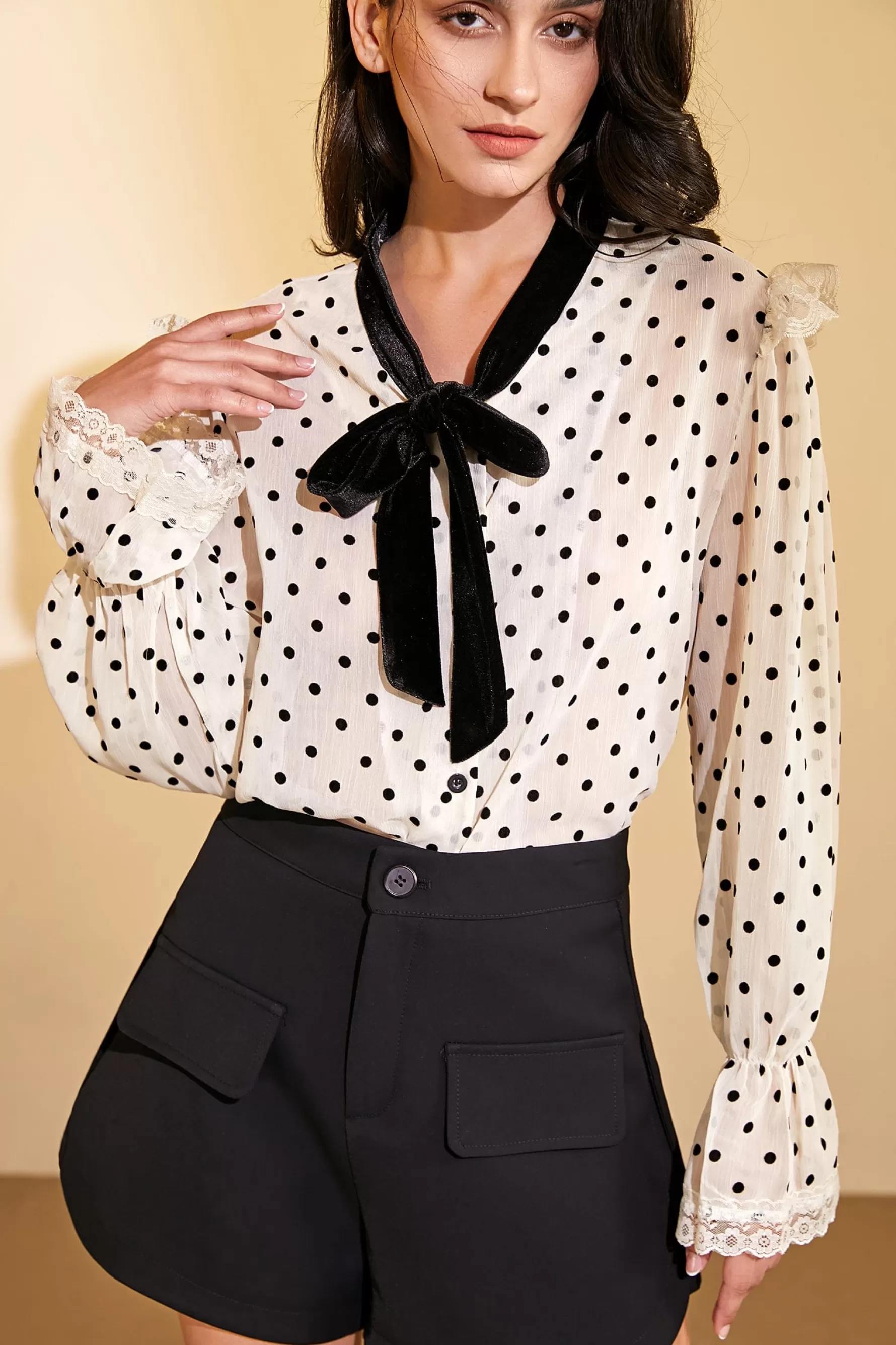 Jingus Polka Dot Tie-Neck Blouse-J.ING