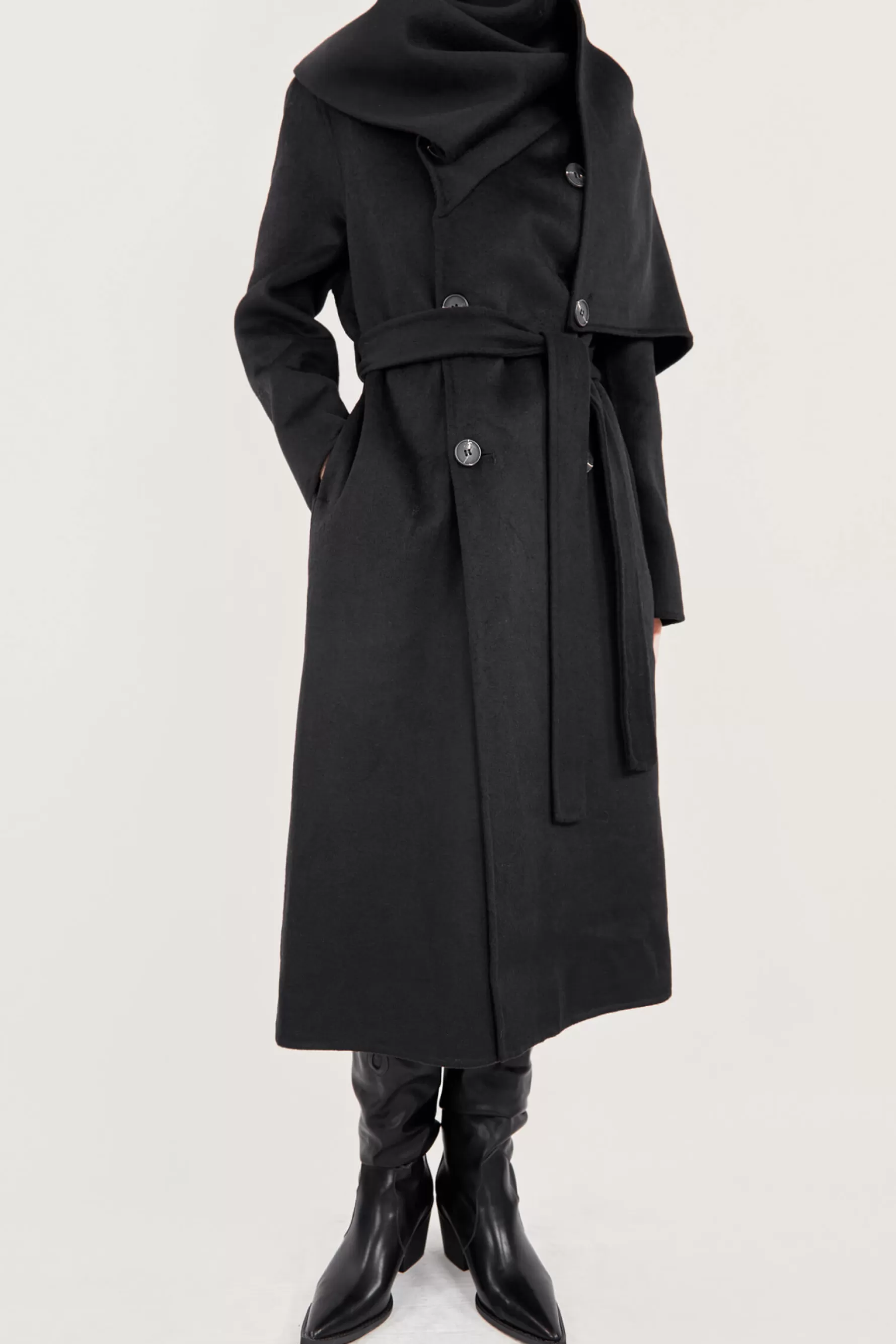 Jingus 100% Wool Long Double-Breasted Scarf Collar Coat-J.ING