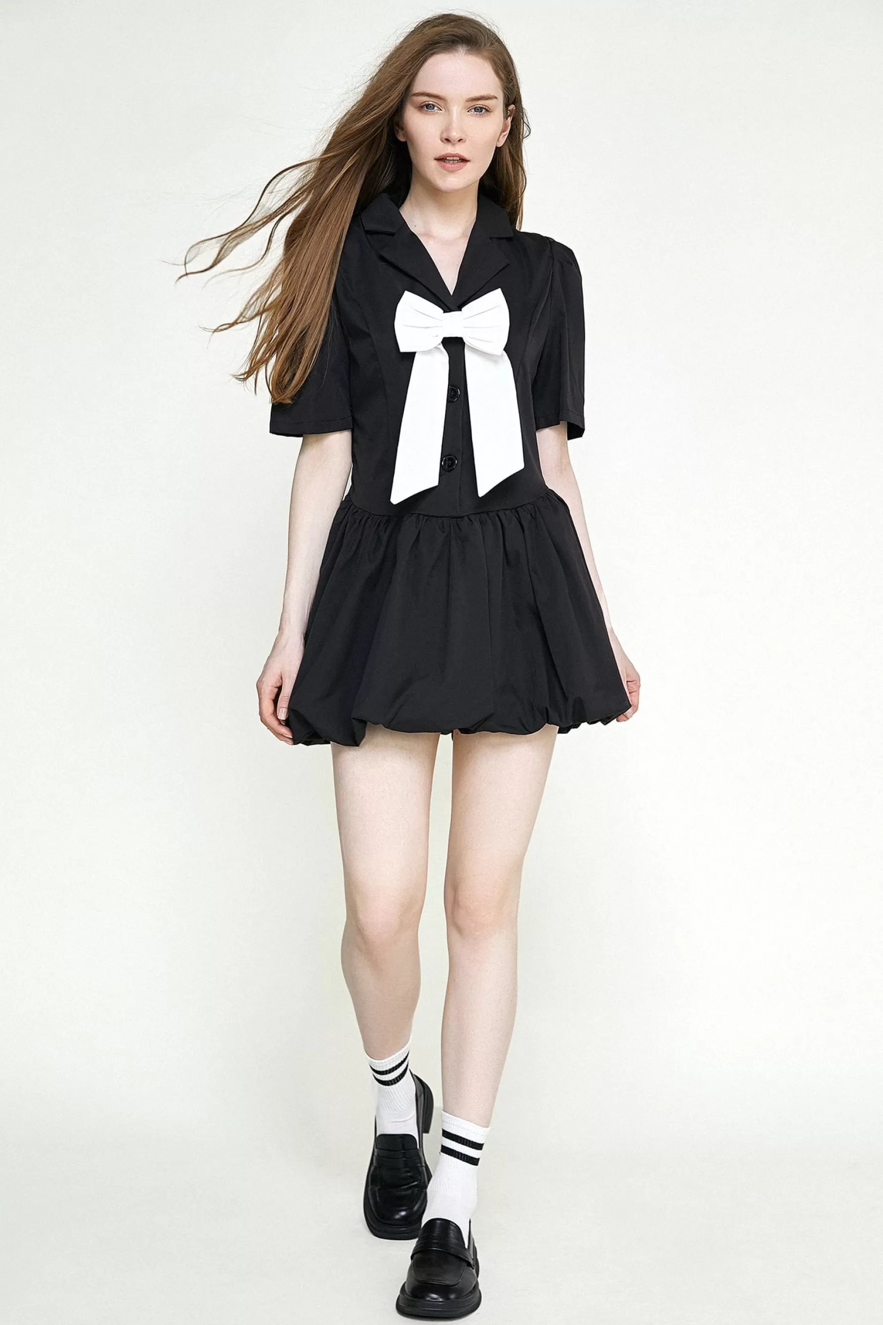 Jingus Bowknot Decor Balloon-Skirt Mini Dress-J.ING