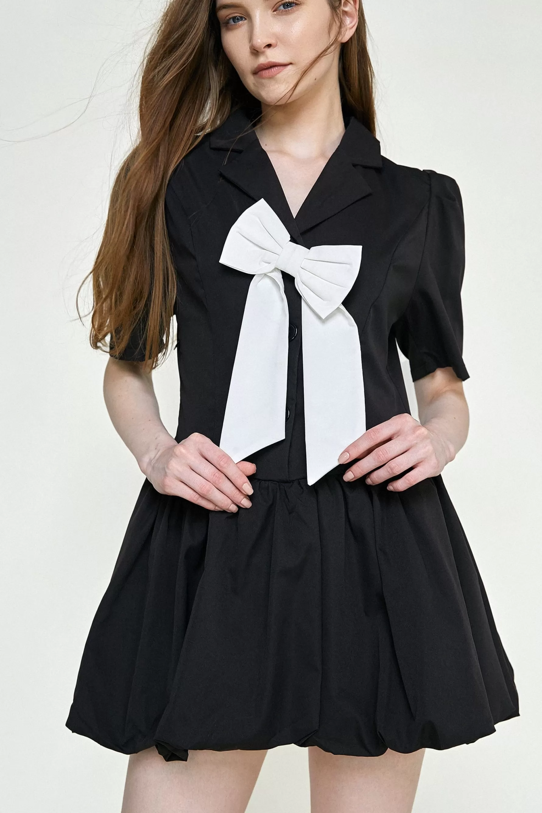 Jingus Bowknot Decor Balloon-Skirt Mini Dress-J.ING