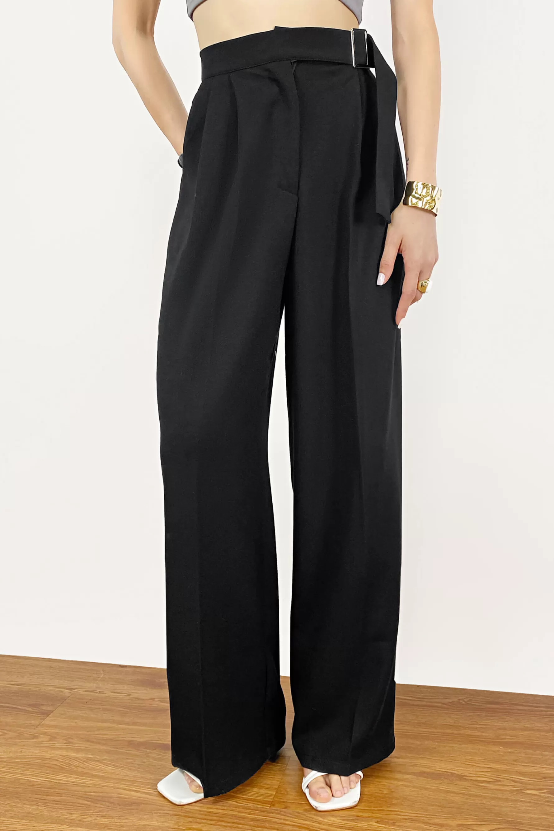 Jingus Buckle Strap Detail Pleated Front Wide Leg Pants-J.ING