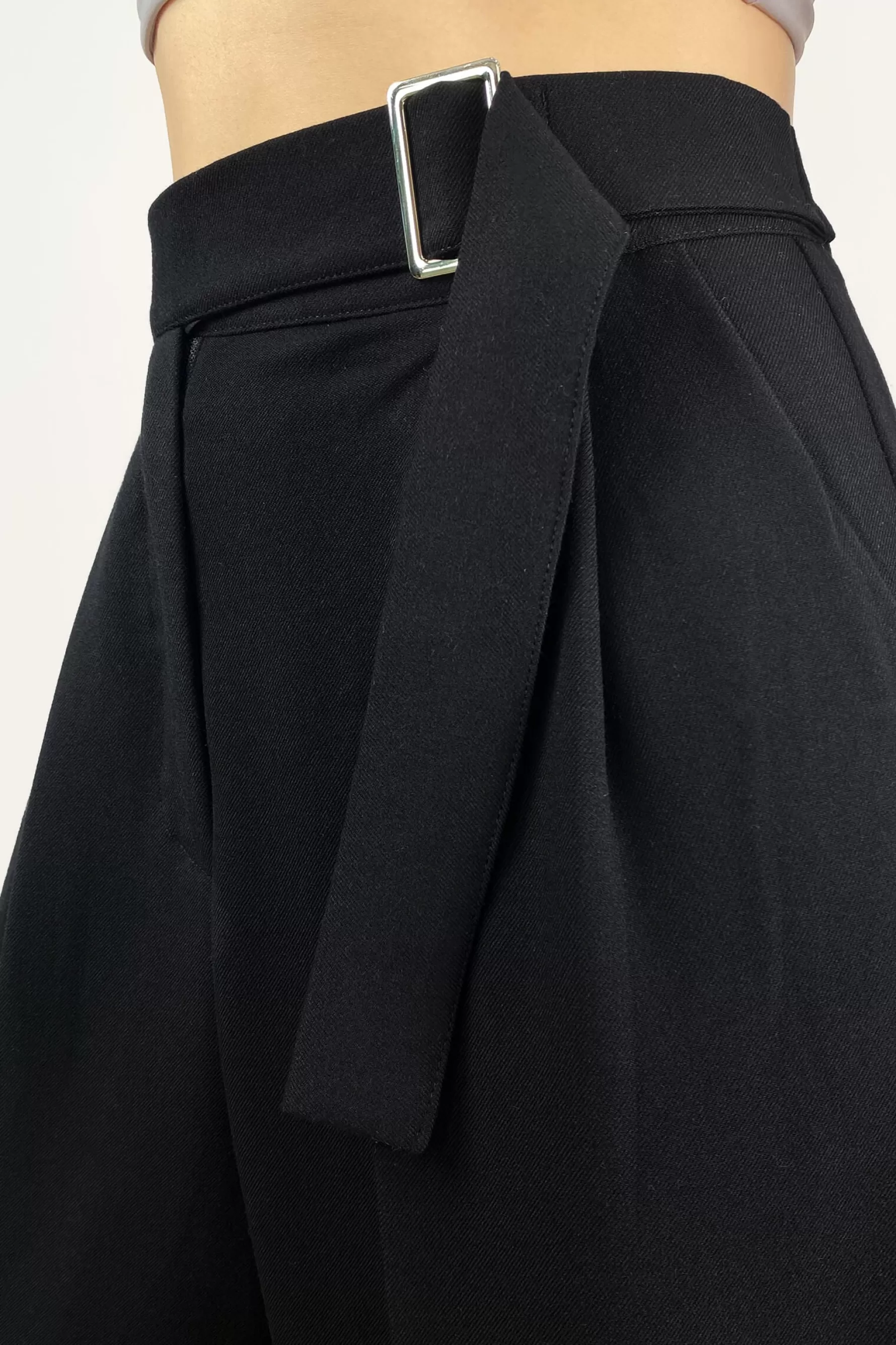 Jingus Buckle Strap Detail Pleated Front Wide Leg Pants-J.ING