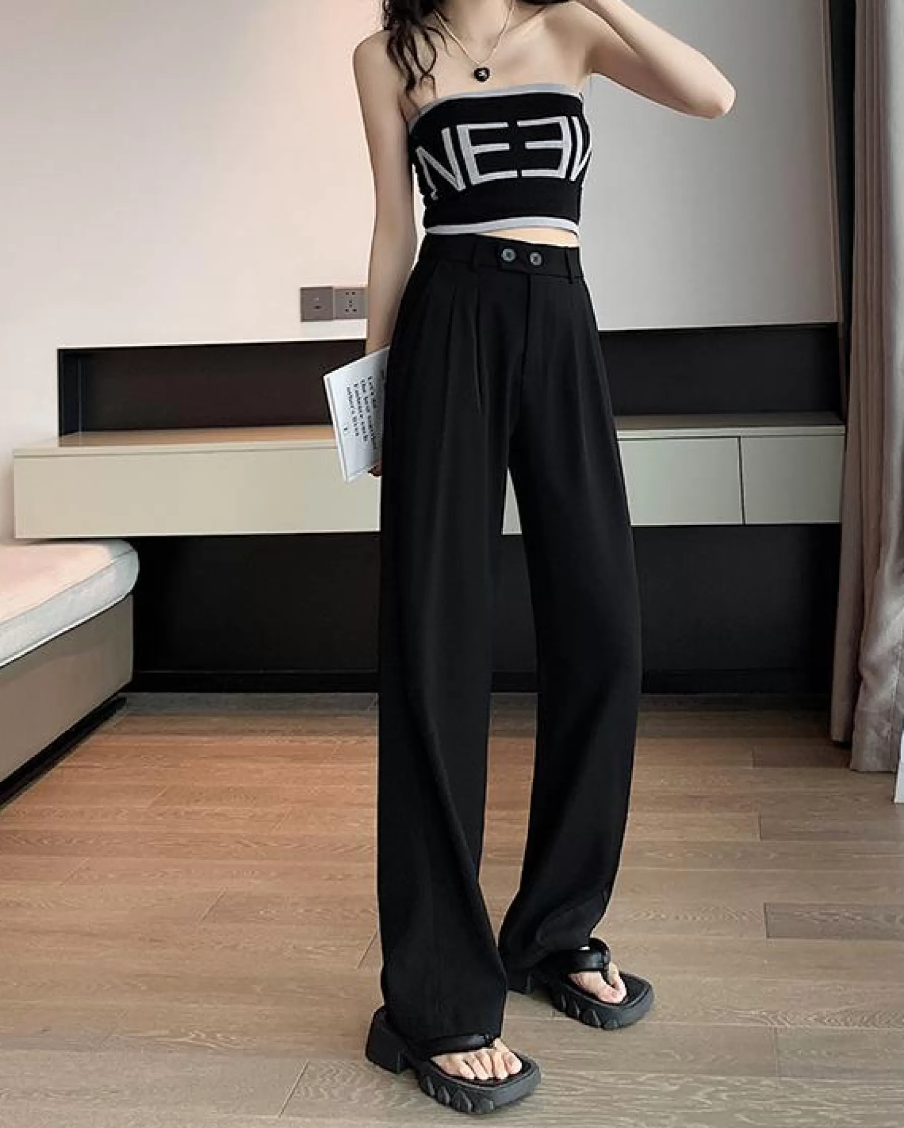 Jingus Business Casual Double Buckle Wide-leg Suit Pants-J.ING