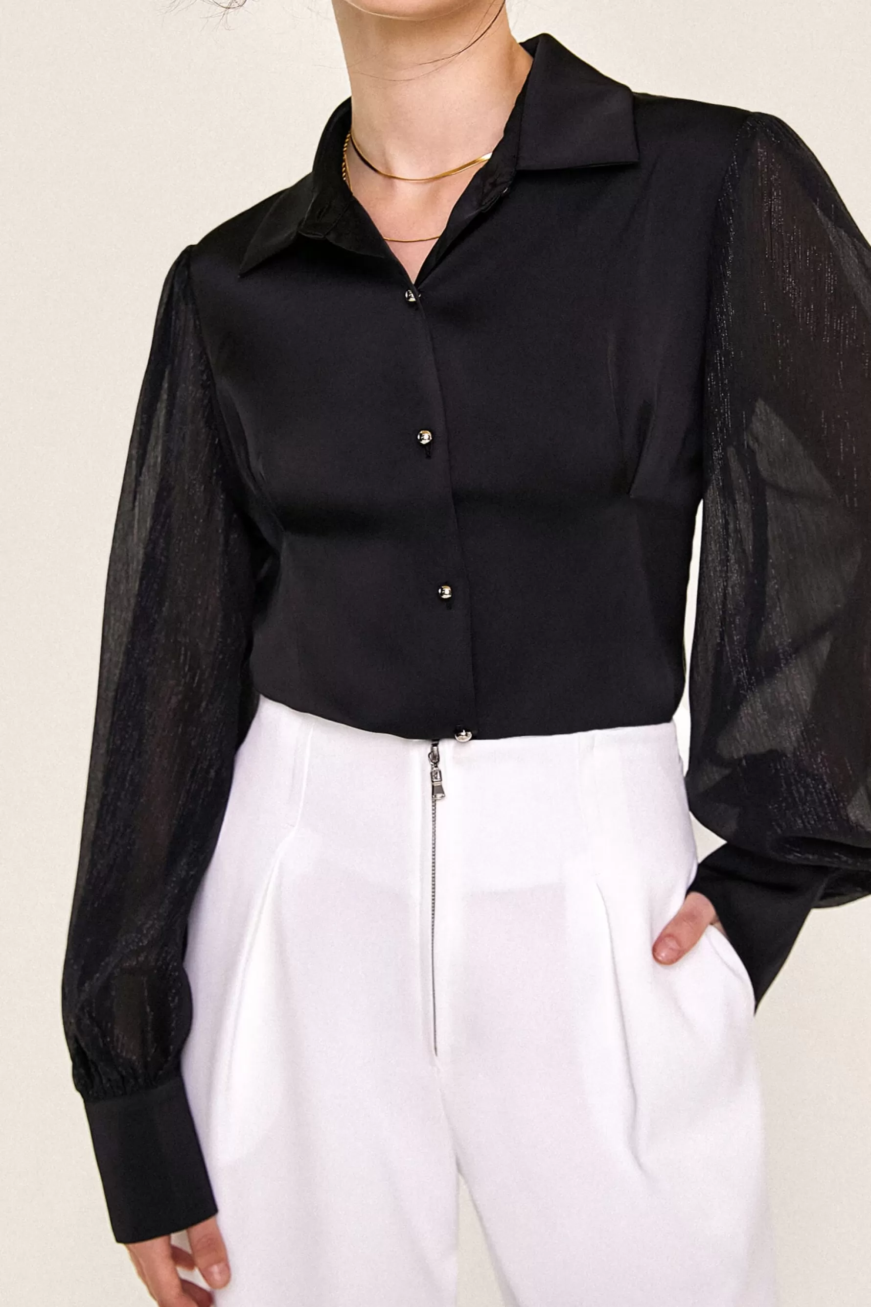 Jingus Button-Up Balloon Sleeve Satin Shirt-J.ING