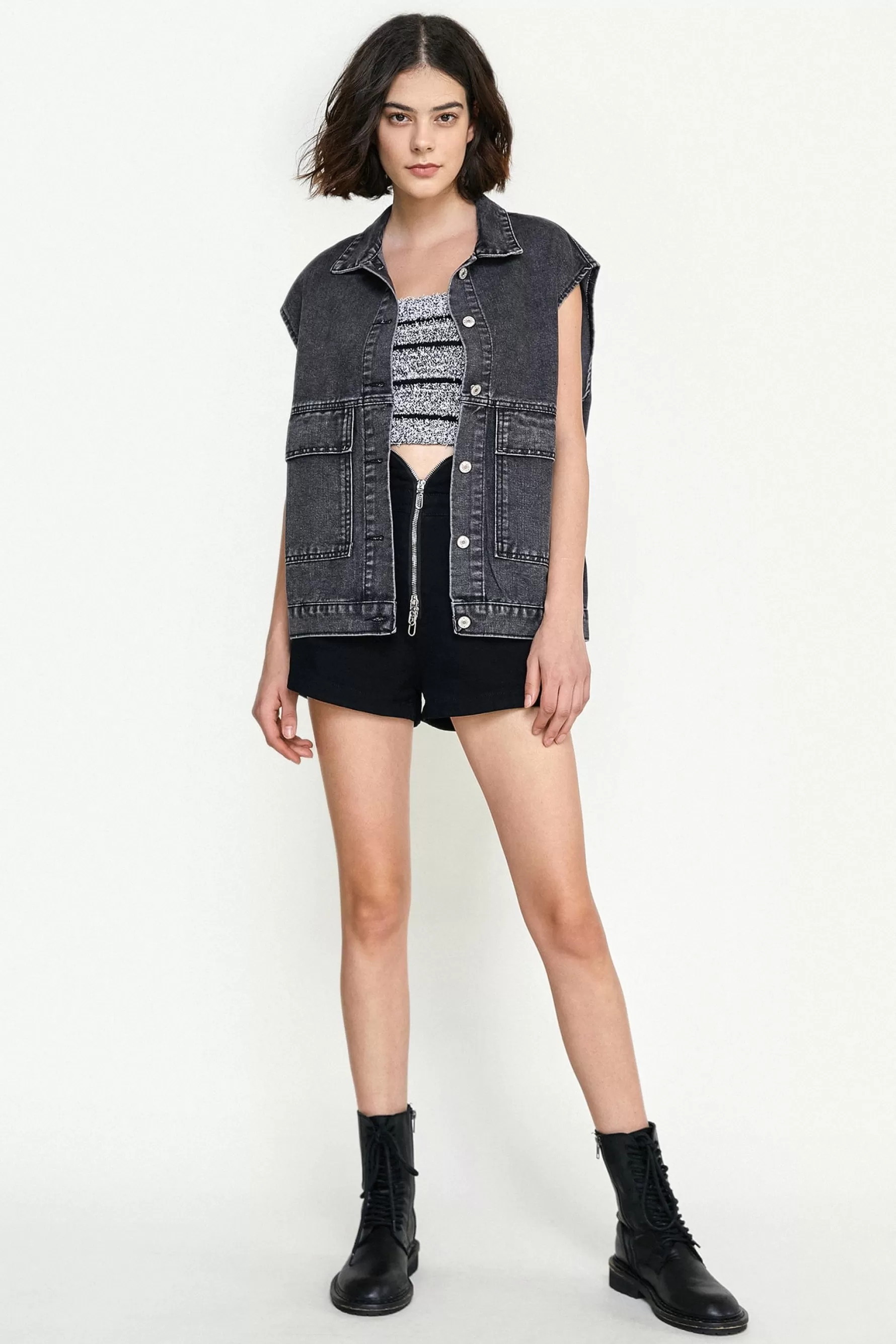 Jingus Collared Flap Pocket Button Front Denim Vest-J.ING