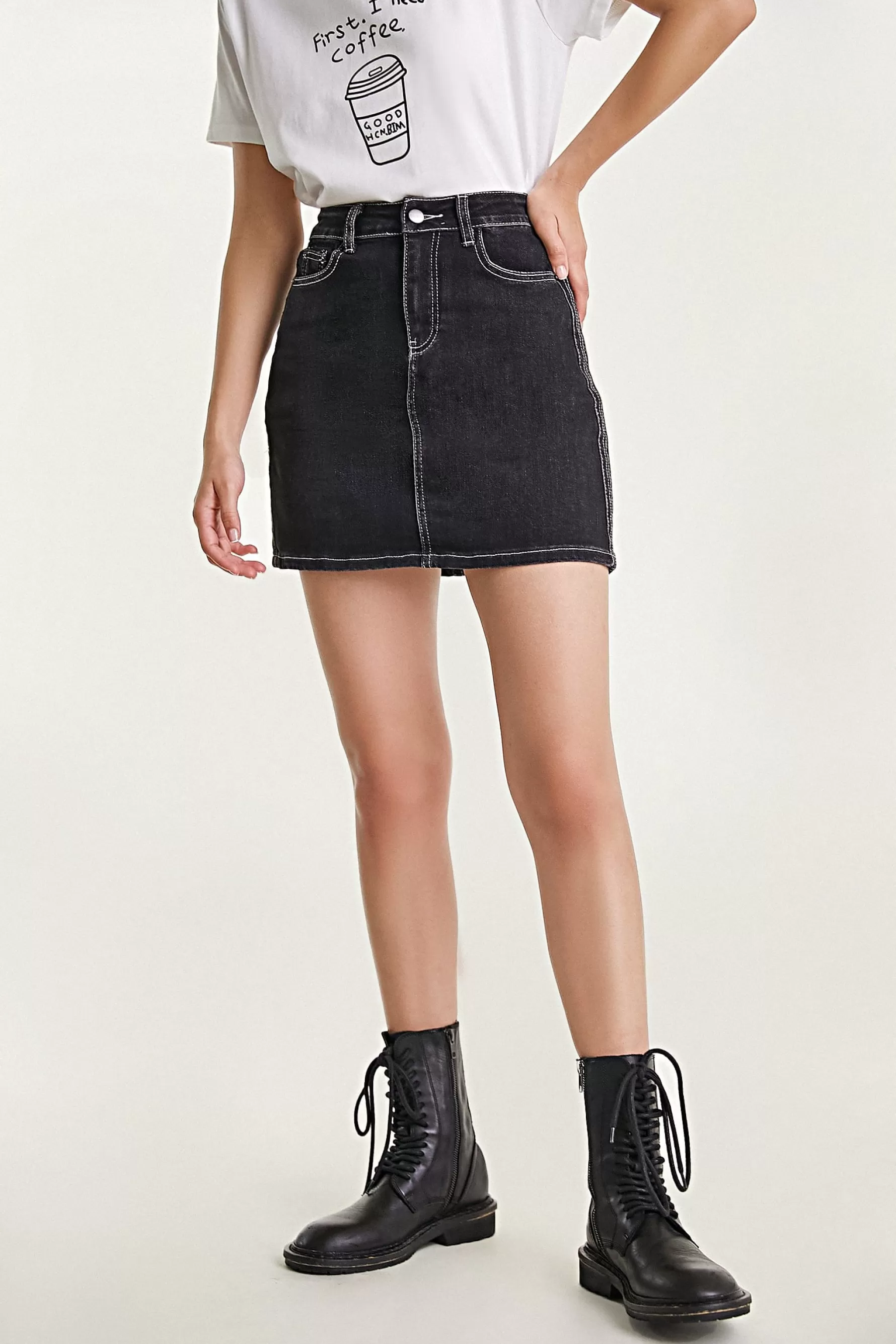 Jingus Contrast Stitch Cotton-Blend Mini Denim Skirt-J.ING