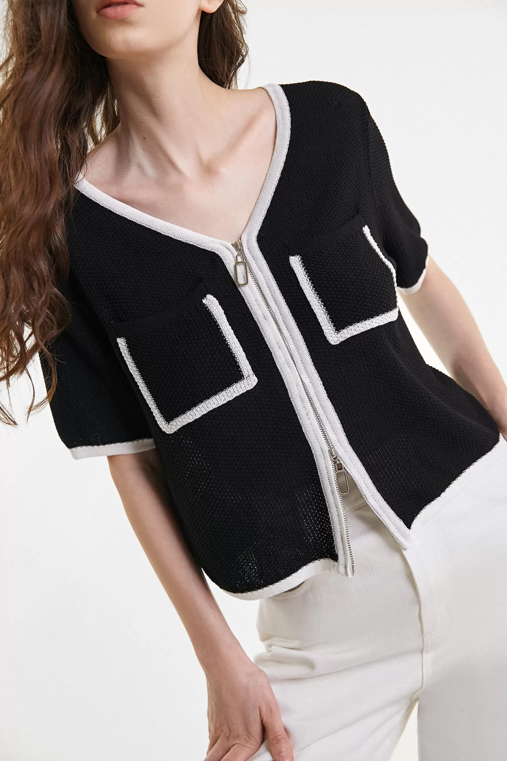 Jingus Contrast Trim Zip Front Knit Top-J.ING