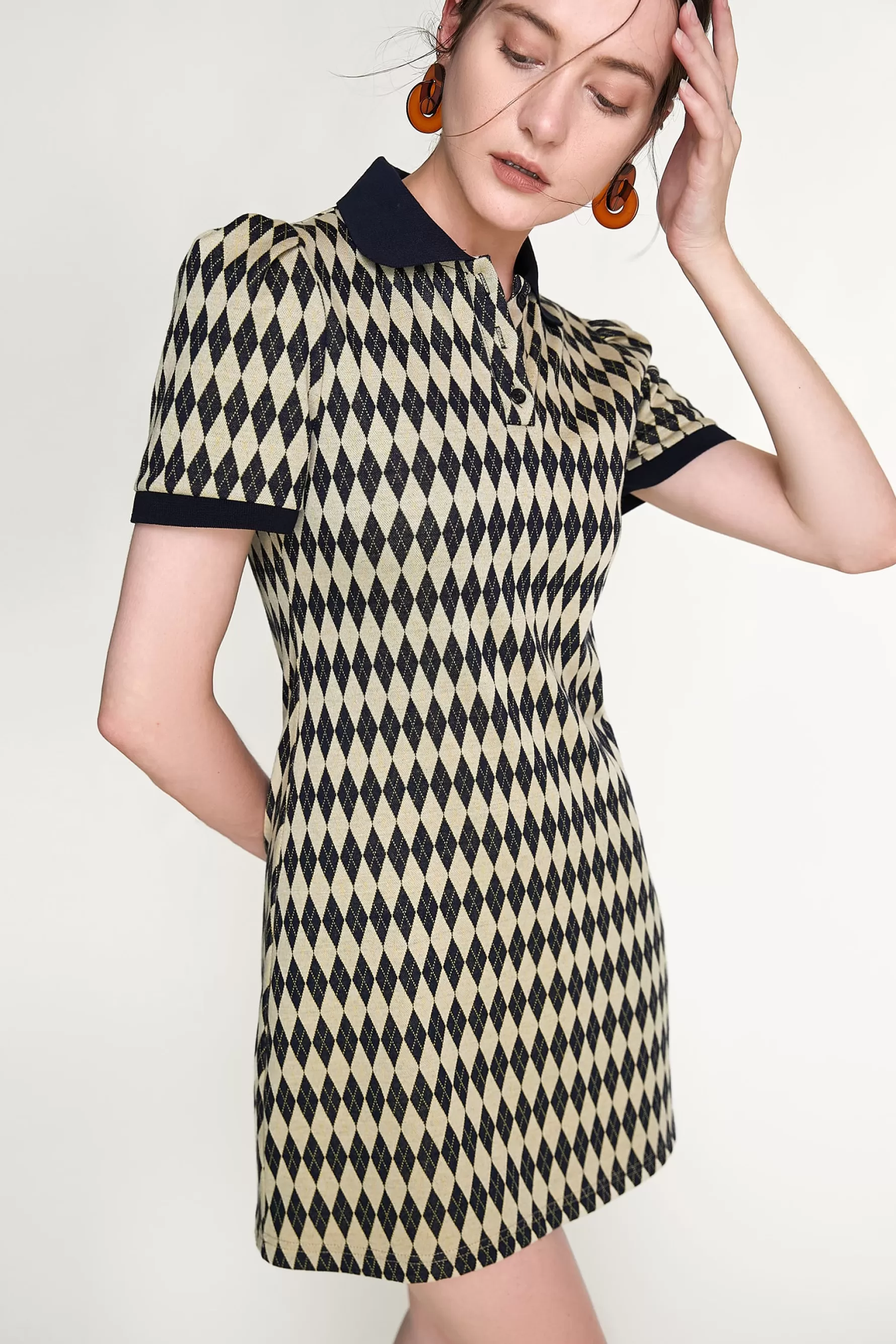 Jingus Diamond Check Knitted Polo Collar Mini Dress-J.ING