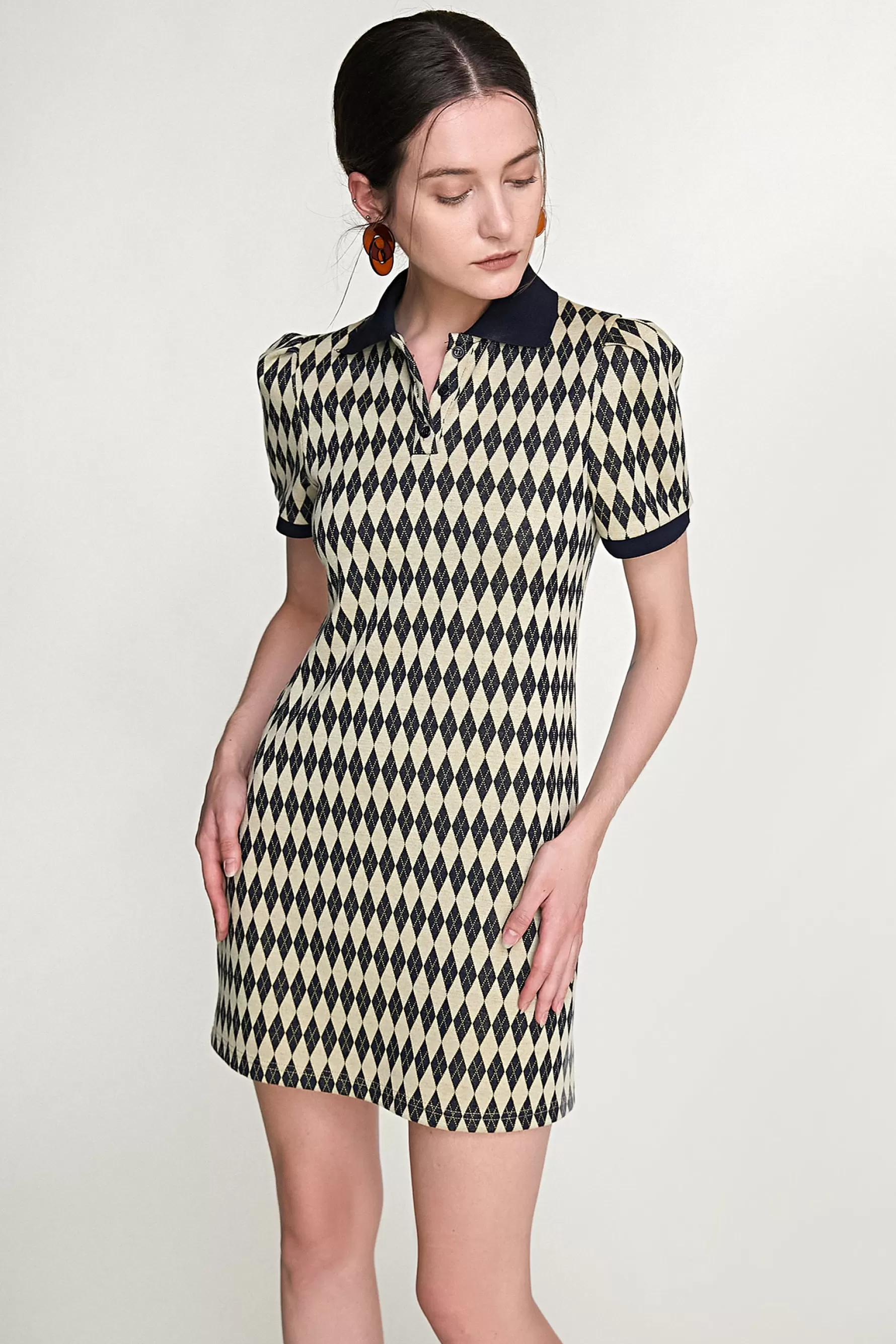 Jingus Diamond Check Knitted Polo Collar Mini Dress-J.ING