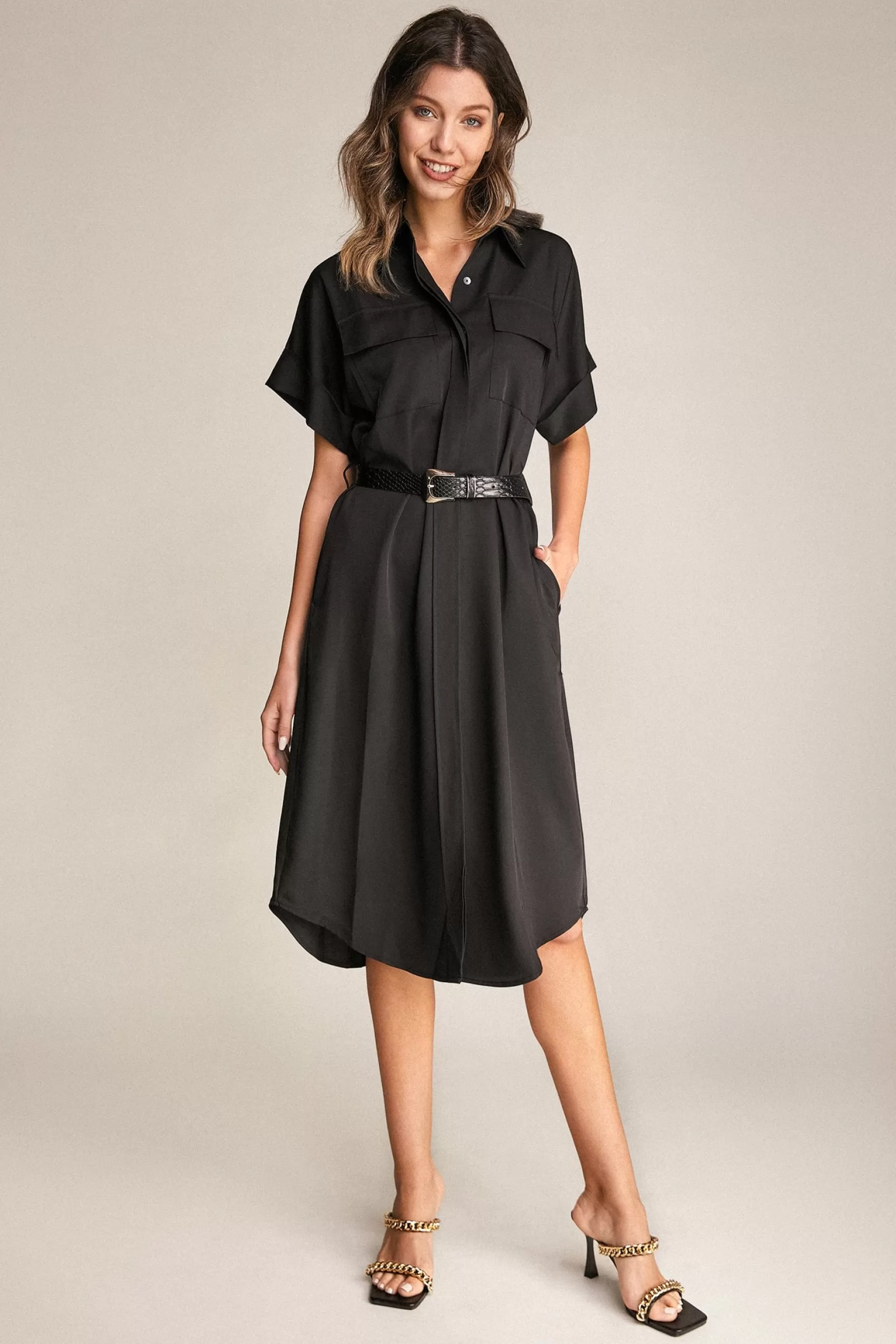 Jingus Dolman Sleeve Button-Up Tie Waist Shirt Midi Dress-J.ING