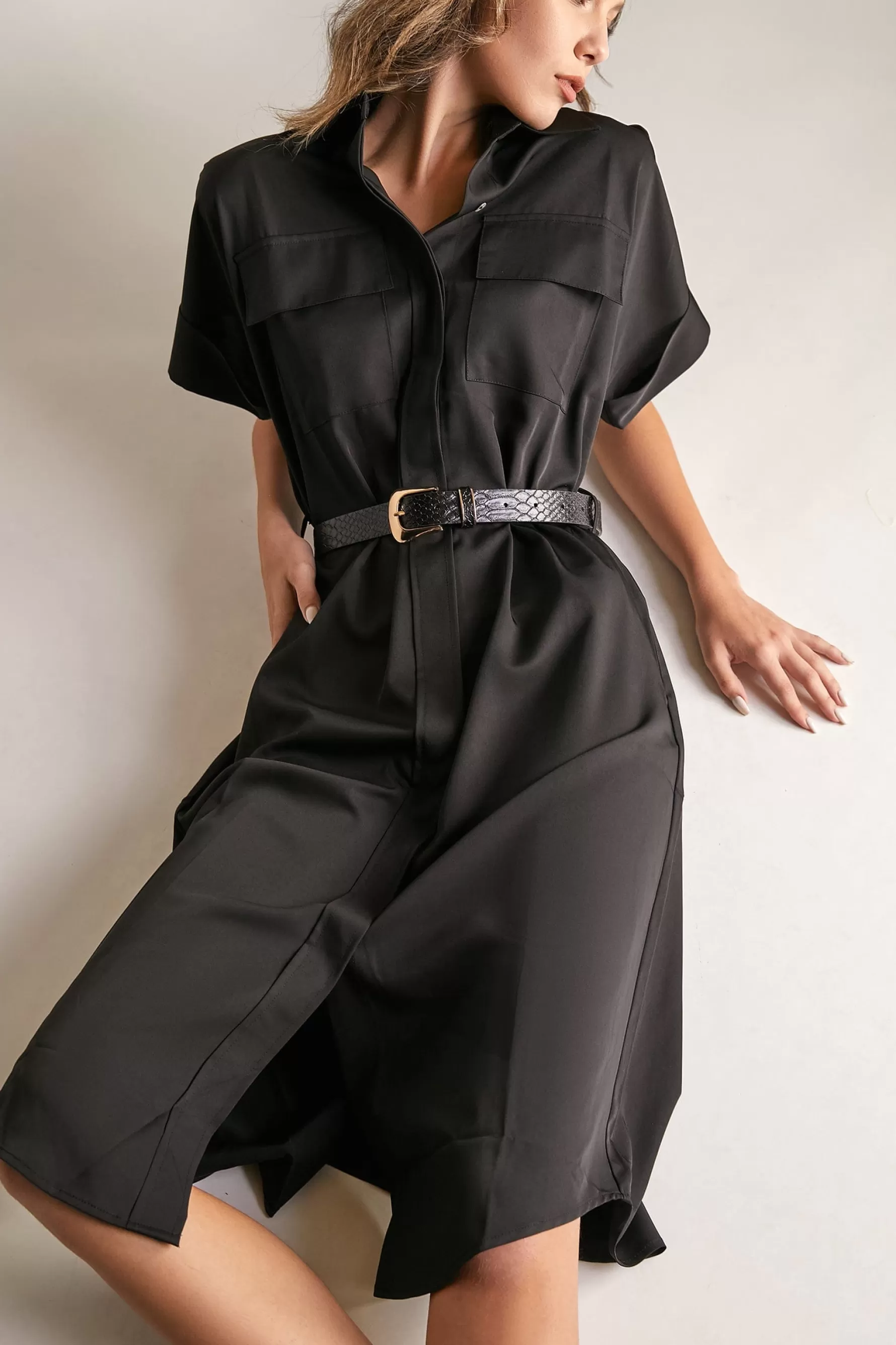 Jingus Dolman Sleeve Button-Up Tie Waist Shirt Midi Dress-J.ING