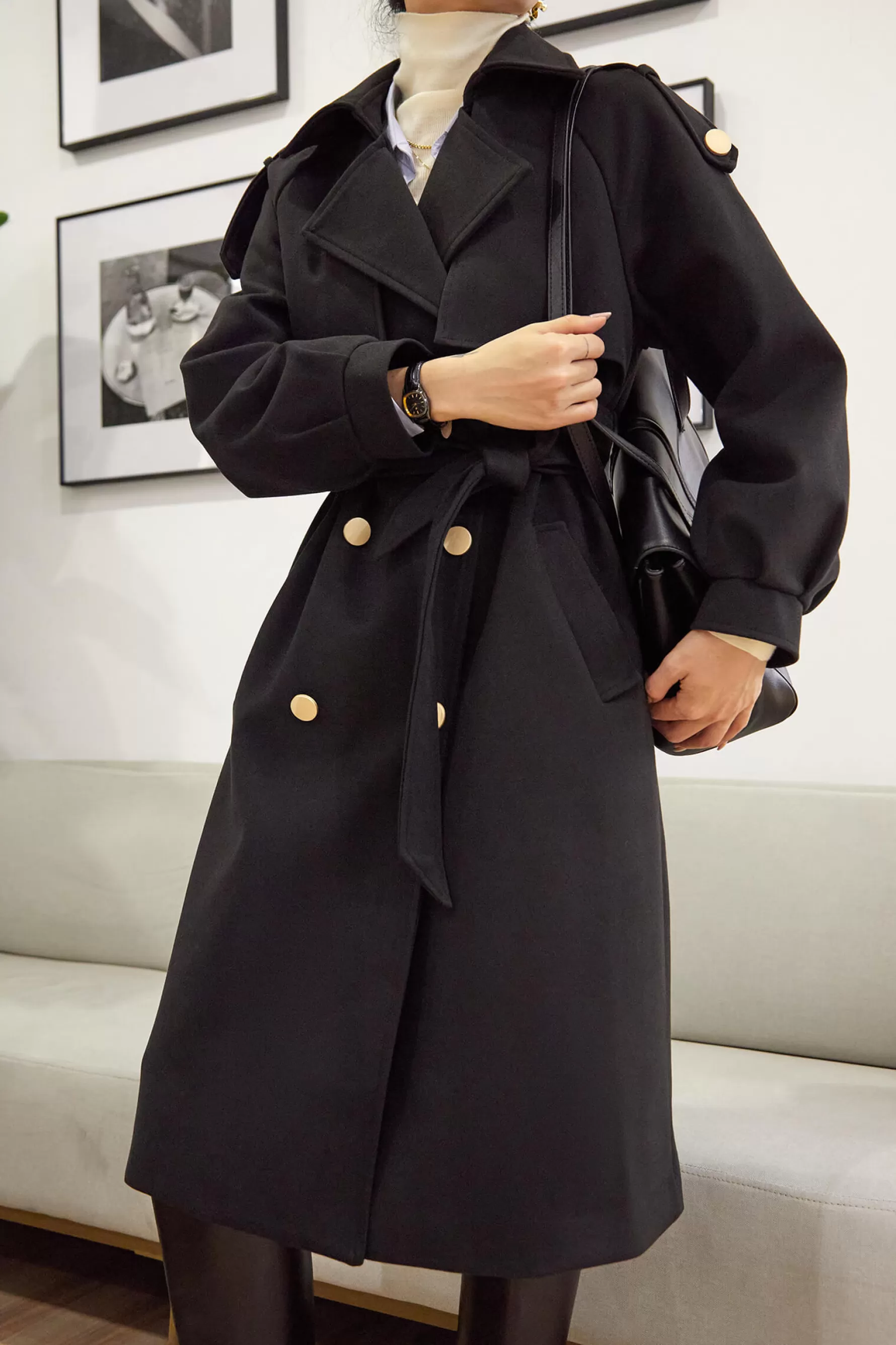 Jingus Double-Breasted Belted Lapel Collar Longline Coat-J.ING