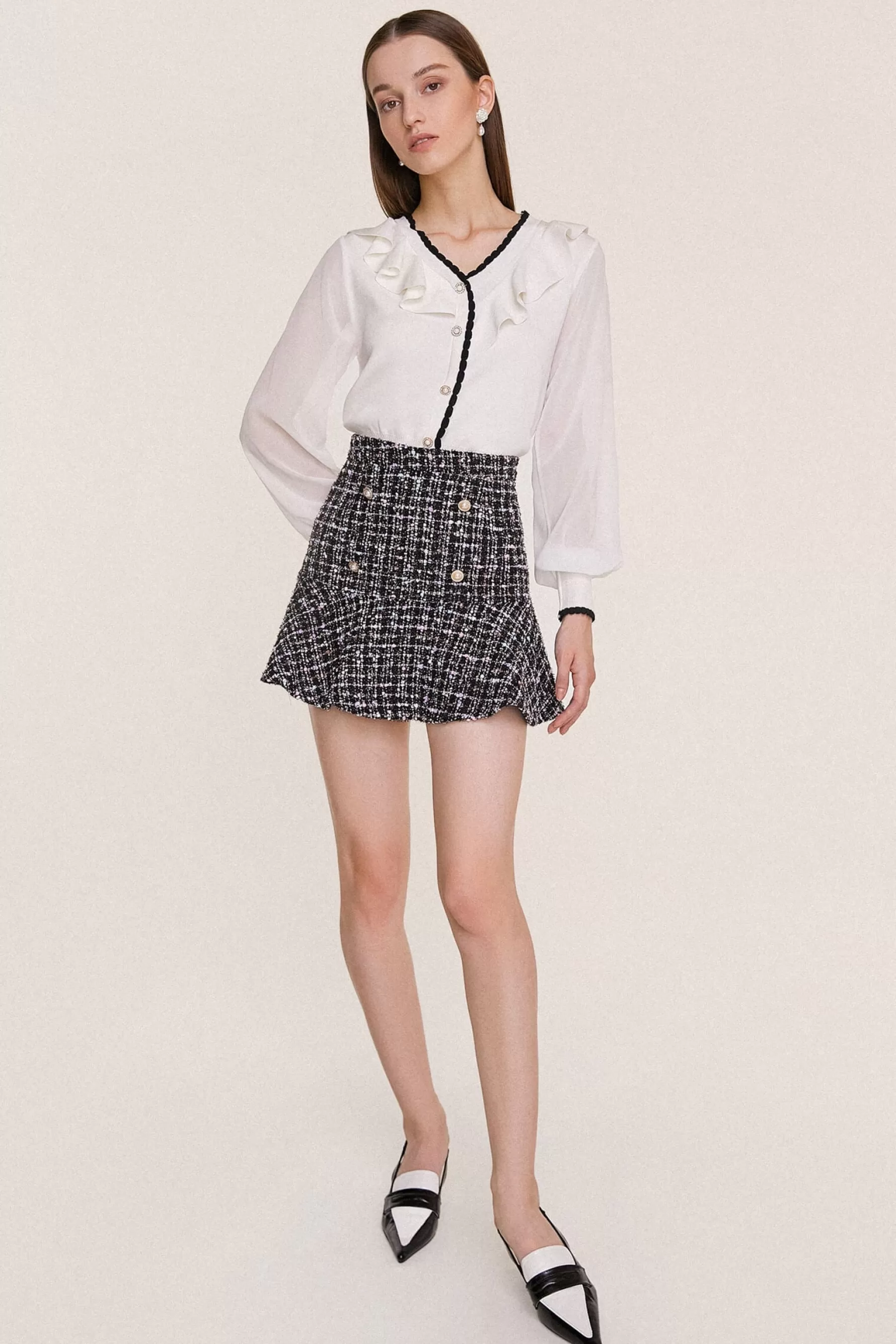 Jingus Flounce Hem Tweed Mini Skirt-J.ING