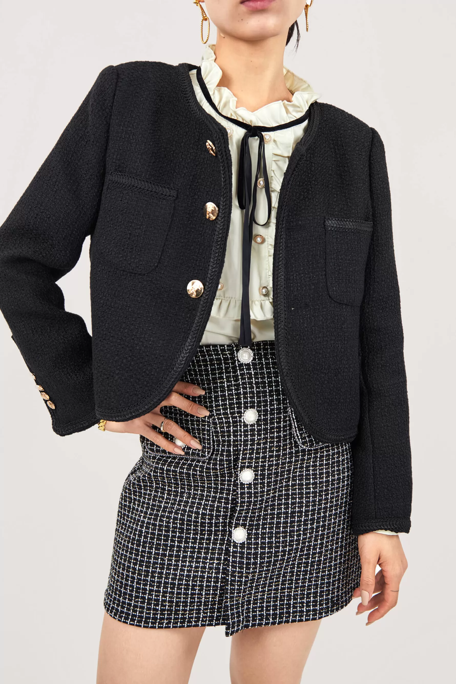 Jingus Frenchy Button Front Detail Tweed Jacket-J.ING