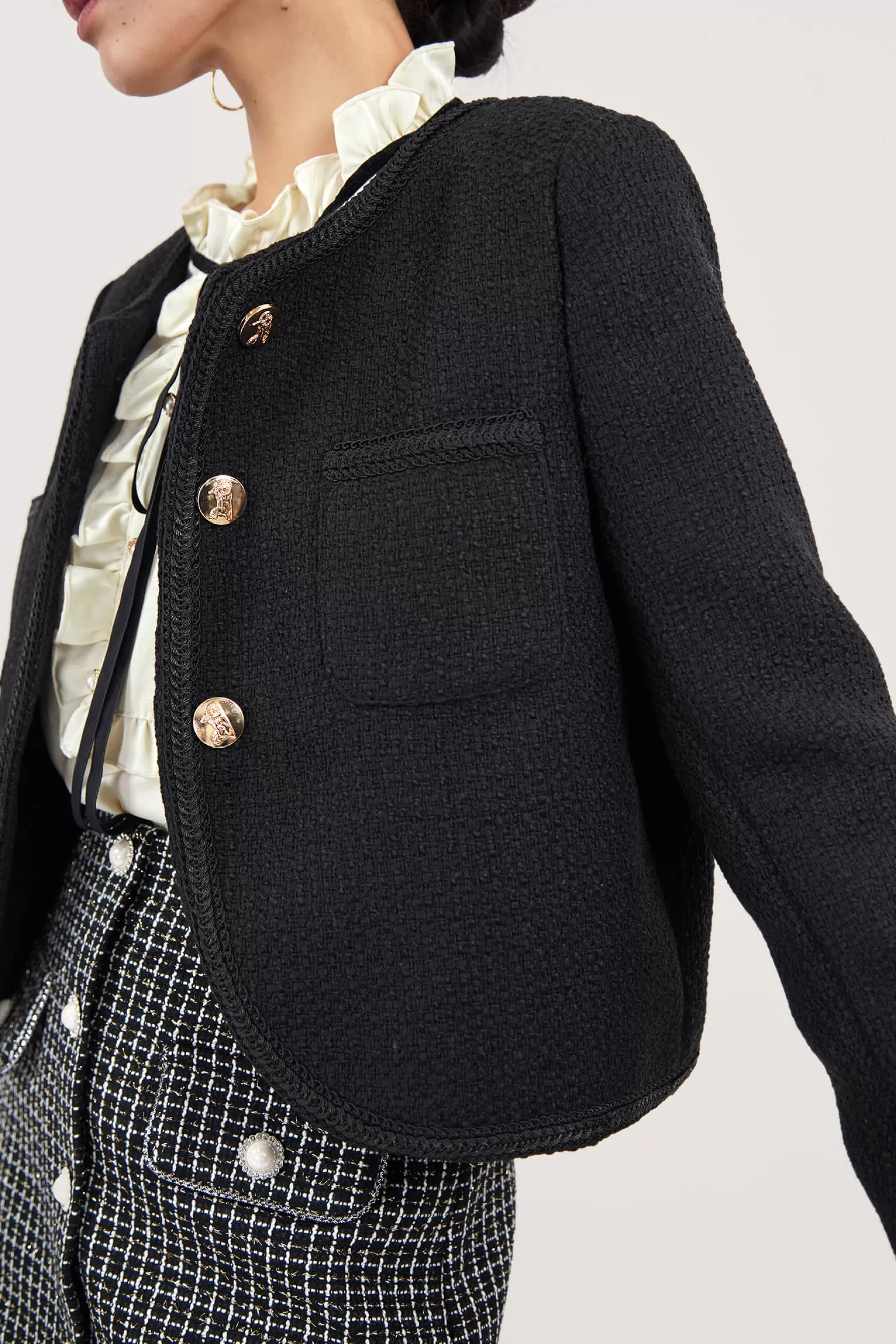 Jingus Frenchy Button Front Detail Tweed Jacket-J.ING