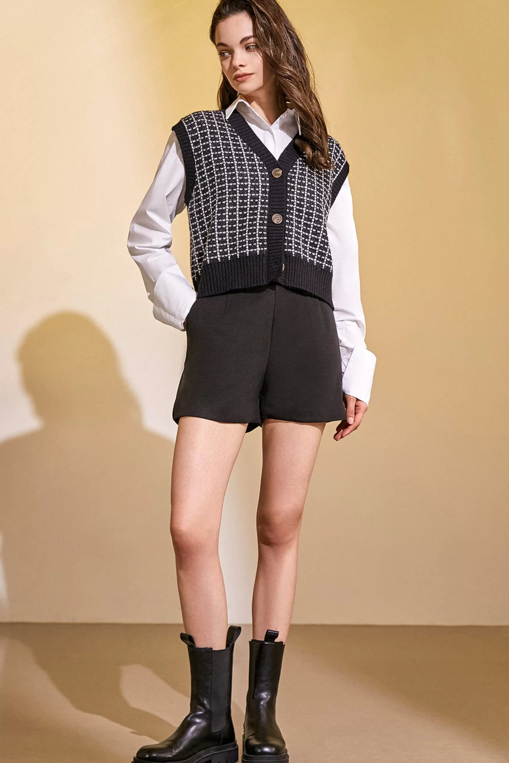 Jingus Knit Plaid V-Neck Sweater Vest-J.ING