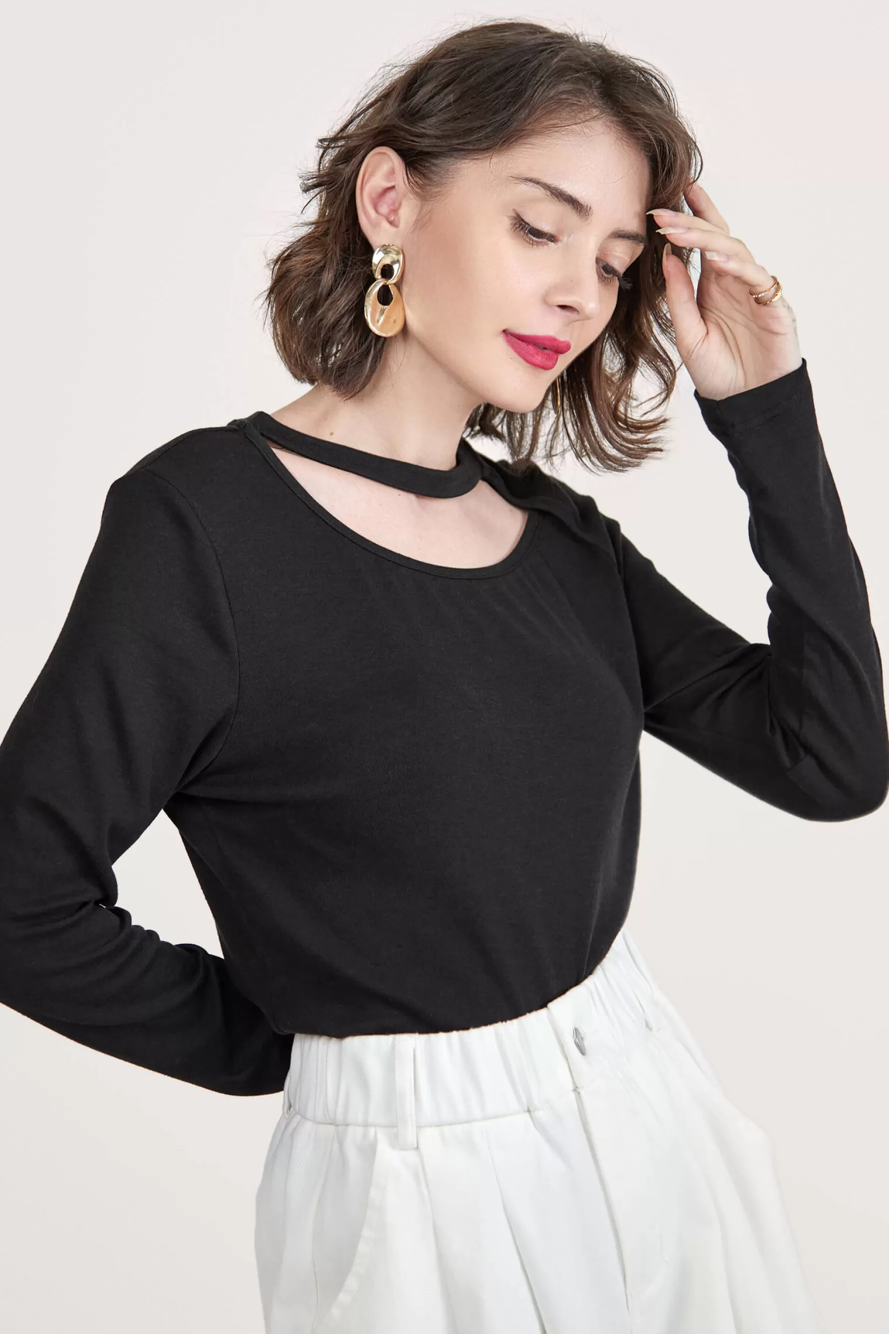 Jingus Long Sleeve Asymmetric Cut Out Top-J.ING