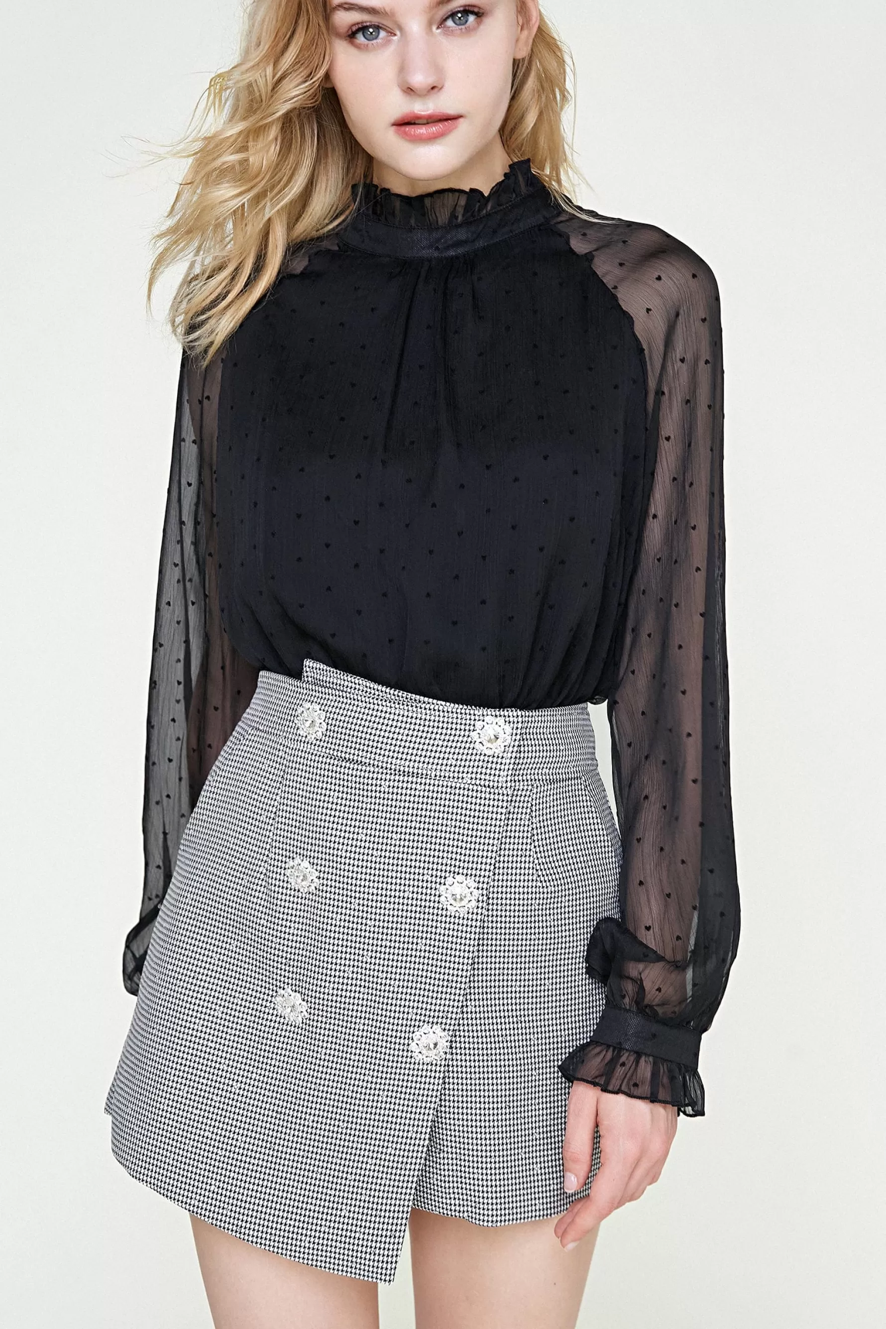 Jingus Polka Dot Mesh High Neck Blouse-J.ING