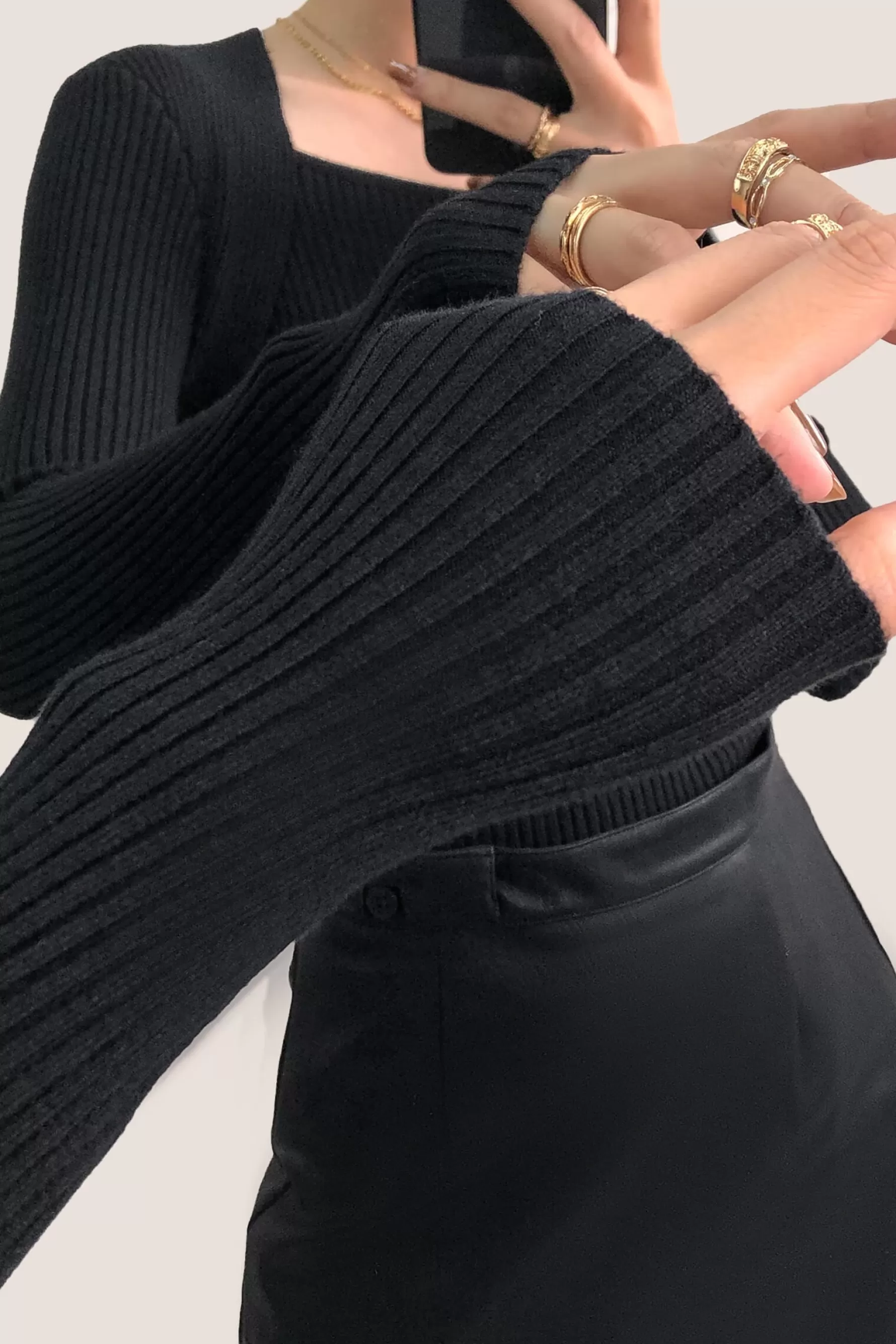 Jingus Ribbed Knit Square Neck Sweater-J.ING