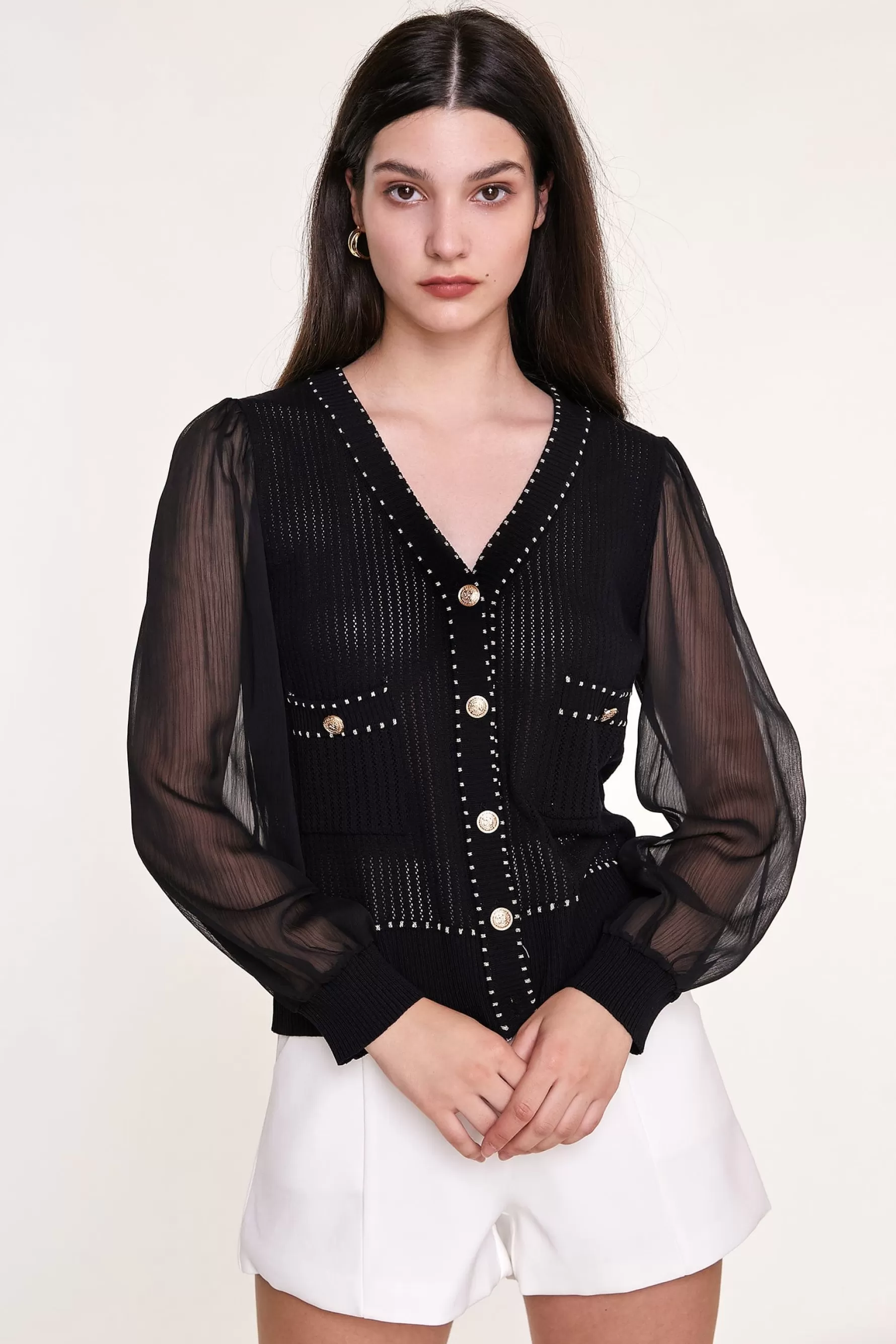 Jingus Sheer Long Sleeve Pointelle-Knit Cardigan With Gold Buttons-J.ING