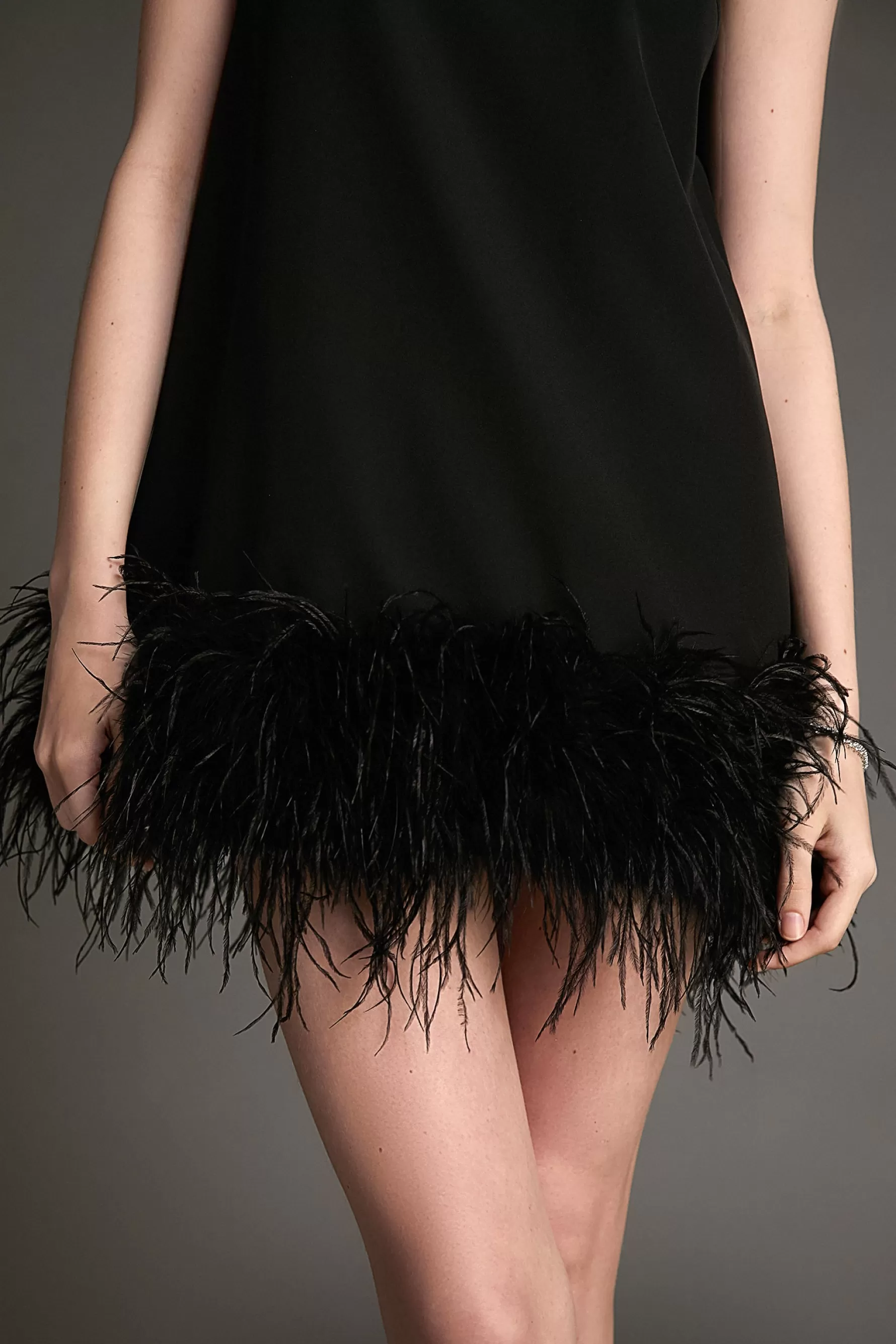 Jingus Sleeveless Mock Neck Feather-Trimmed Mini Dress-J.ING