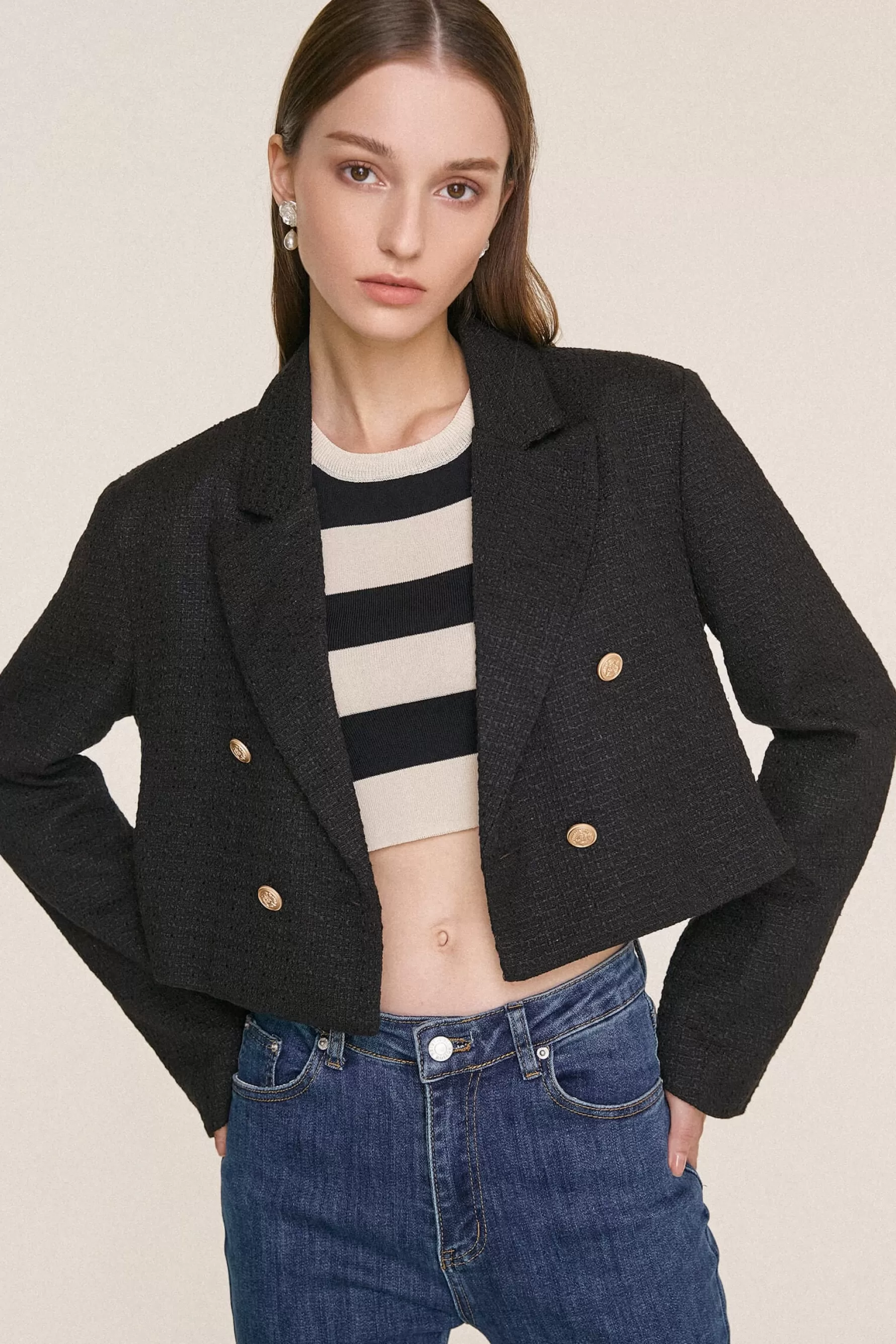 Jingus Textured Double-Breasted Cropped Tweed Blazer-J.ING