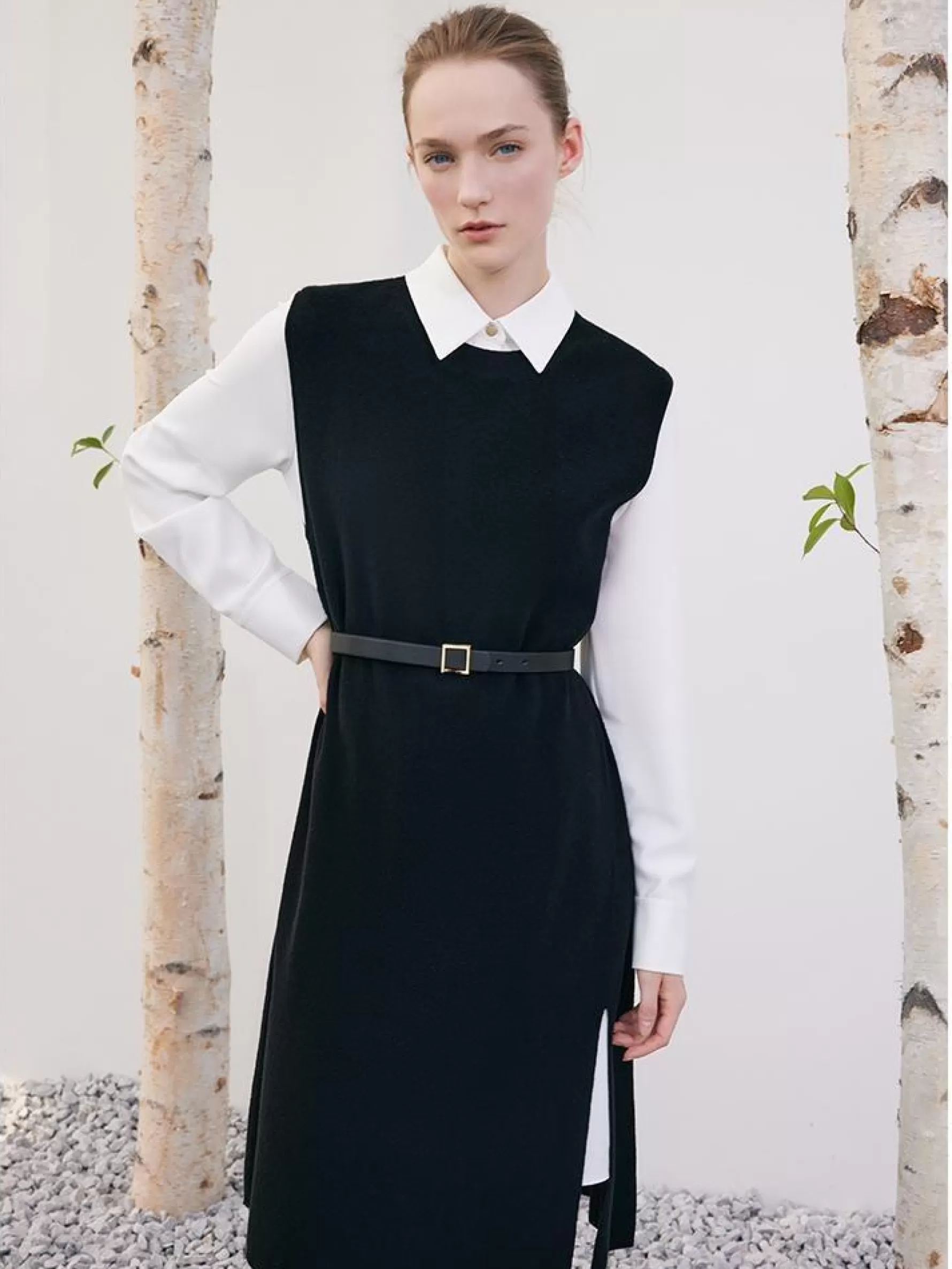 Jingus Black Vest Dress And White Shirt Dress Two-Piece Set-J.ING