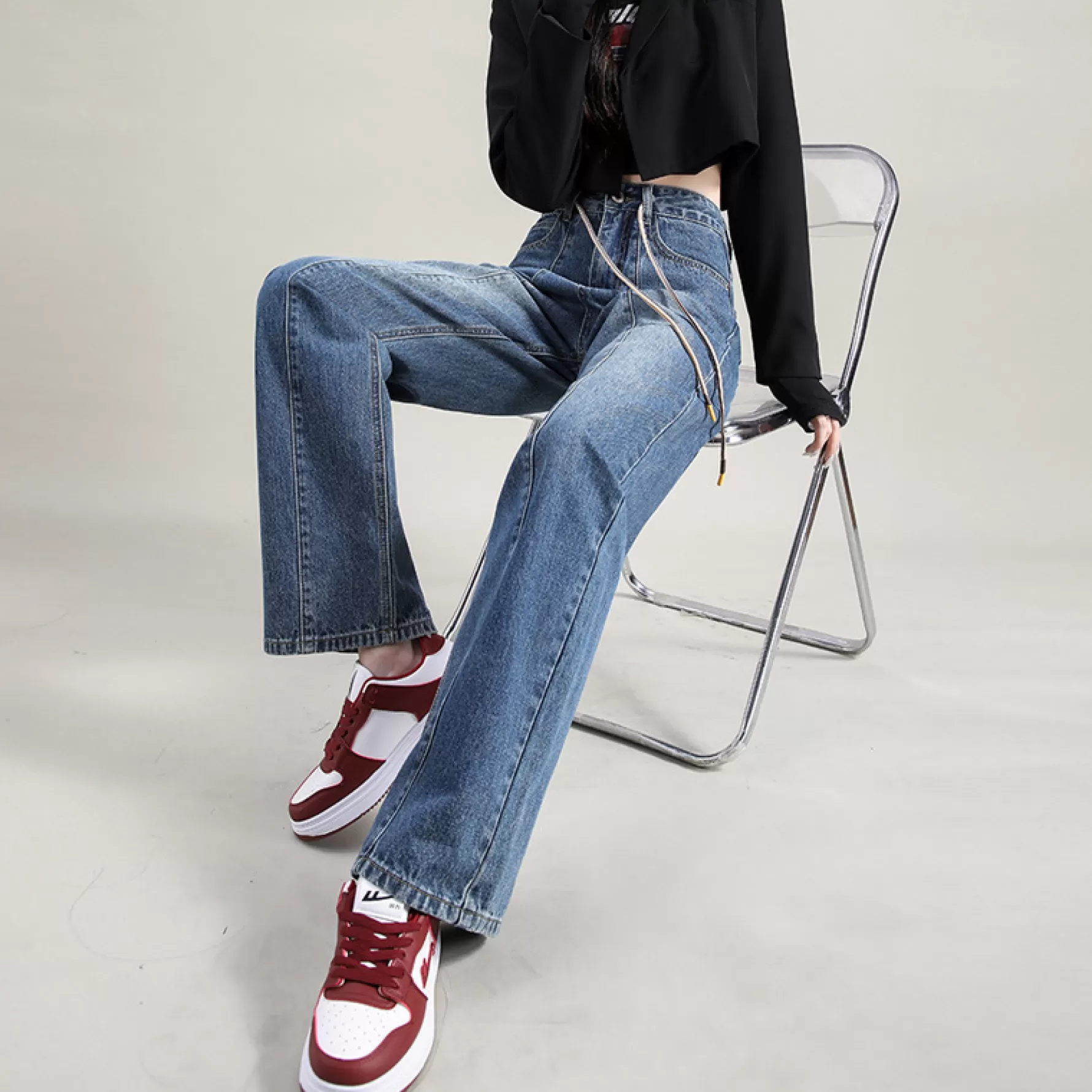 Jingus High-Rise Straight-Leg Lace-Up Jeans-J.ING