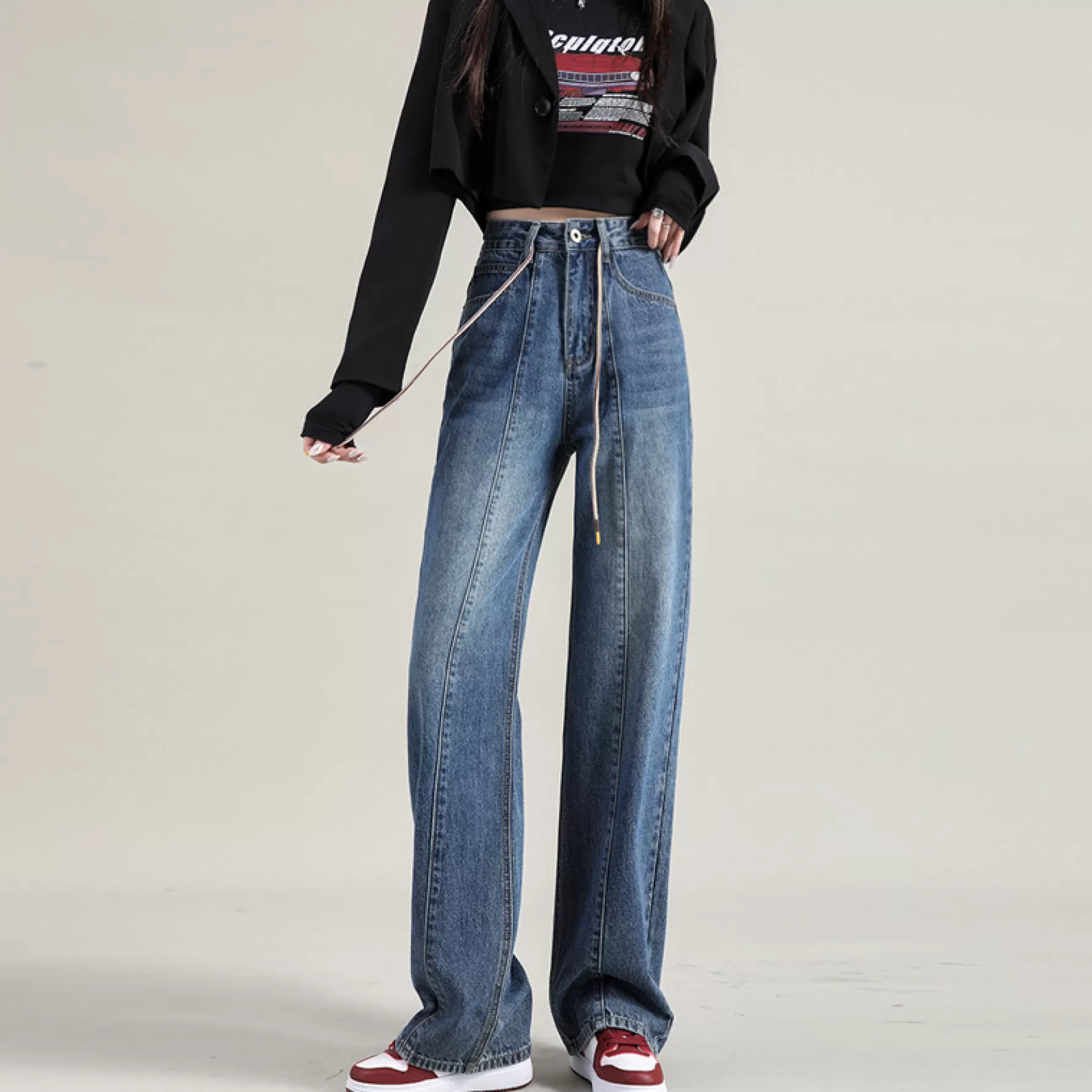 Jingus High-Rise Straight-Leg Lace-Up Jeans-J.ING