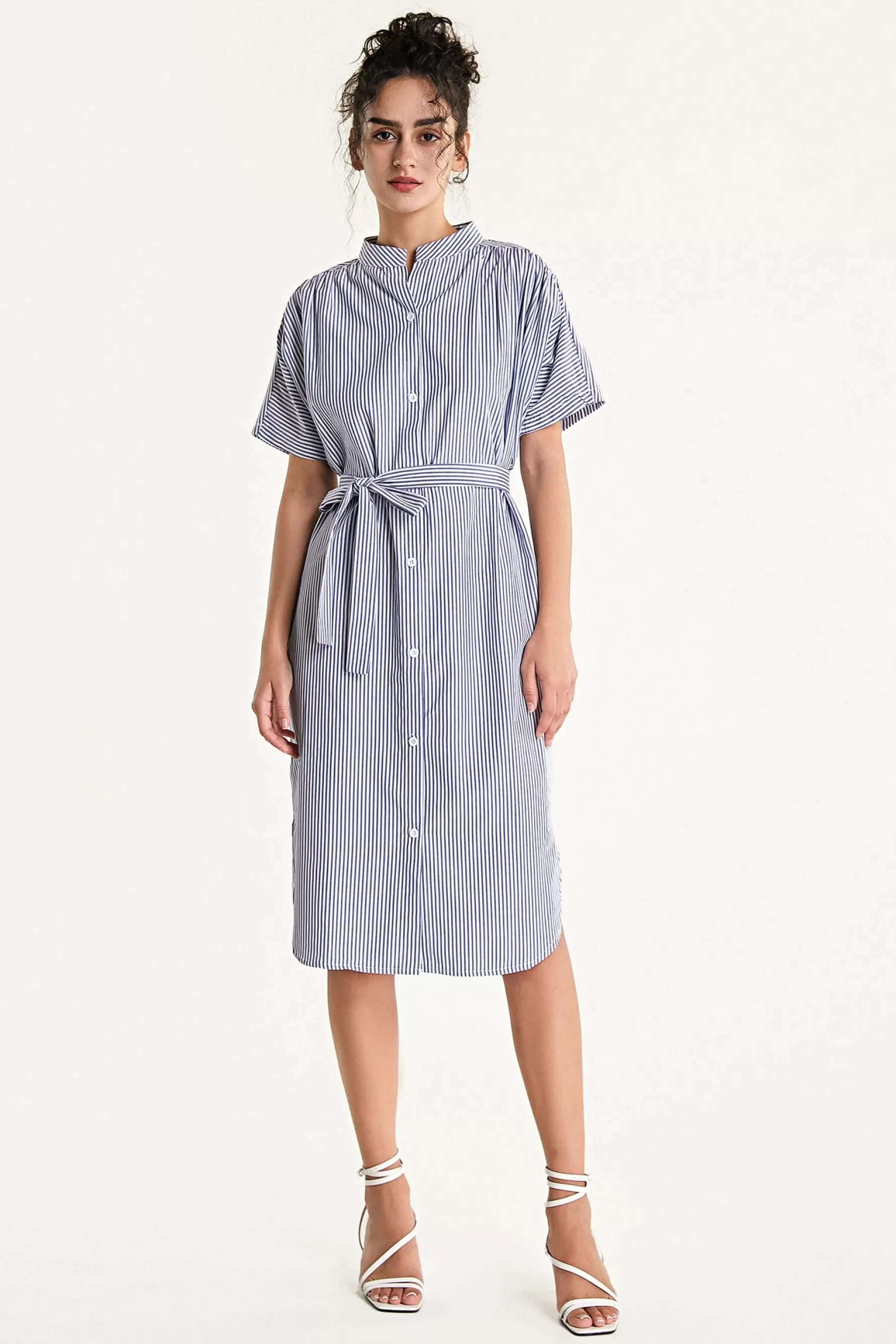 Jingus Striped Tie Waist Stand Collar Midi Shirt Dress-J.ING