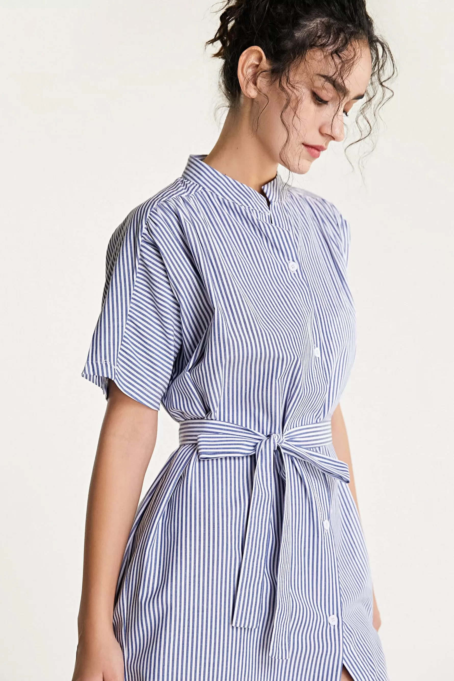 Jingus Striped Tie Waist Stand Collar Midi Shirt Dress-J.ING