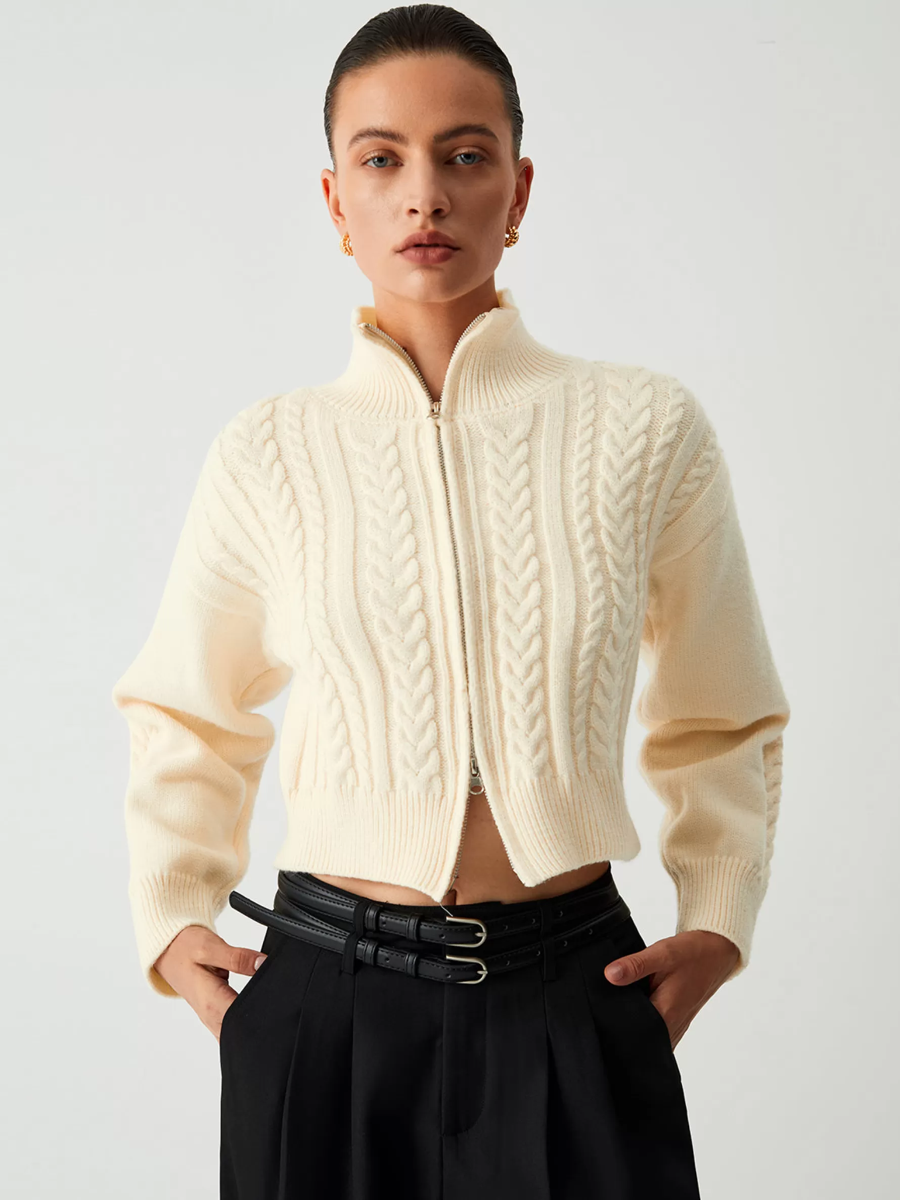 Jingus Cable Knit Two Way Zip Crop Cardigan-J.ING