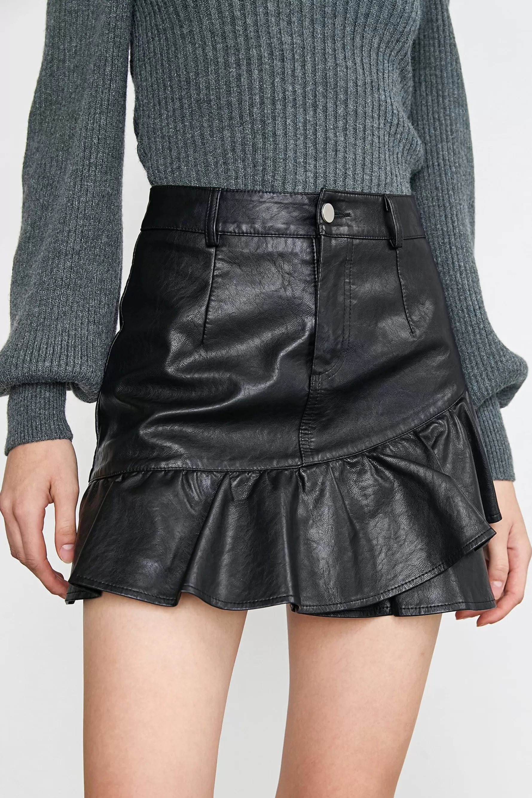 Jingus Catheren Ruffle Hem Leather Skirt-J.ING