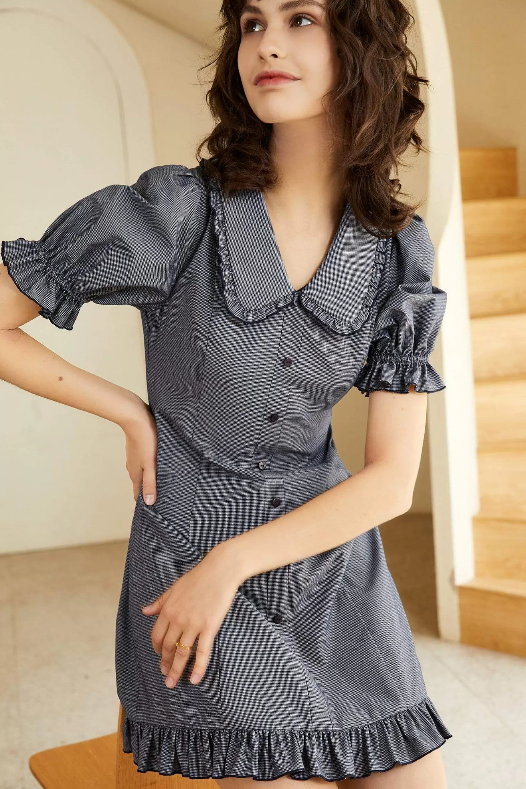 Jingus Dark Blue Peter Pan Collar Button Up Mini Dress-J.ING