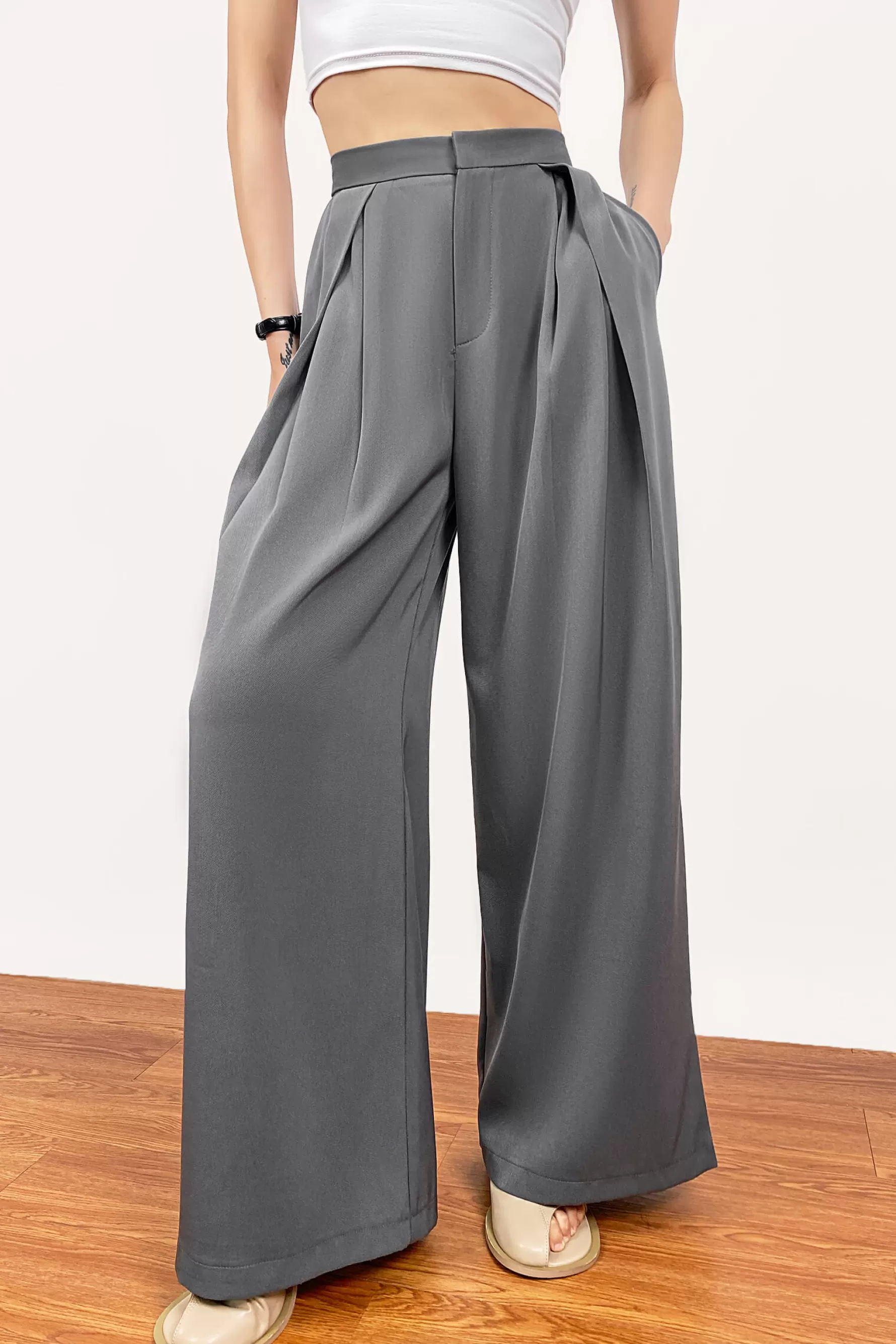 Jingus Dark Grey Pleated Wide Leg Work Pants-J.ING