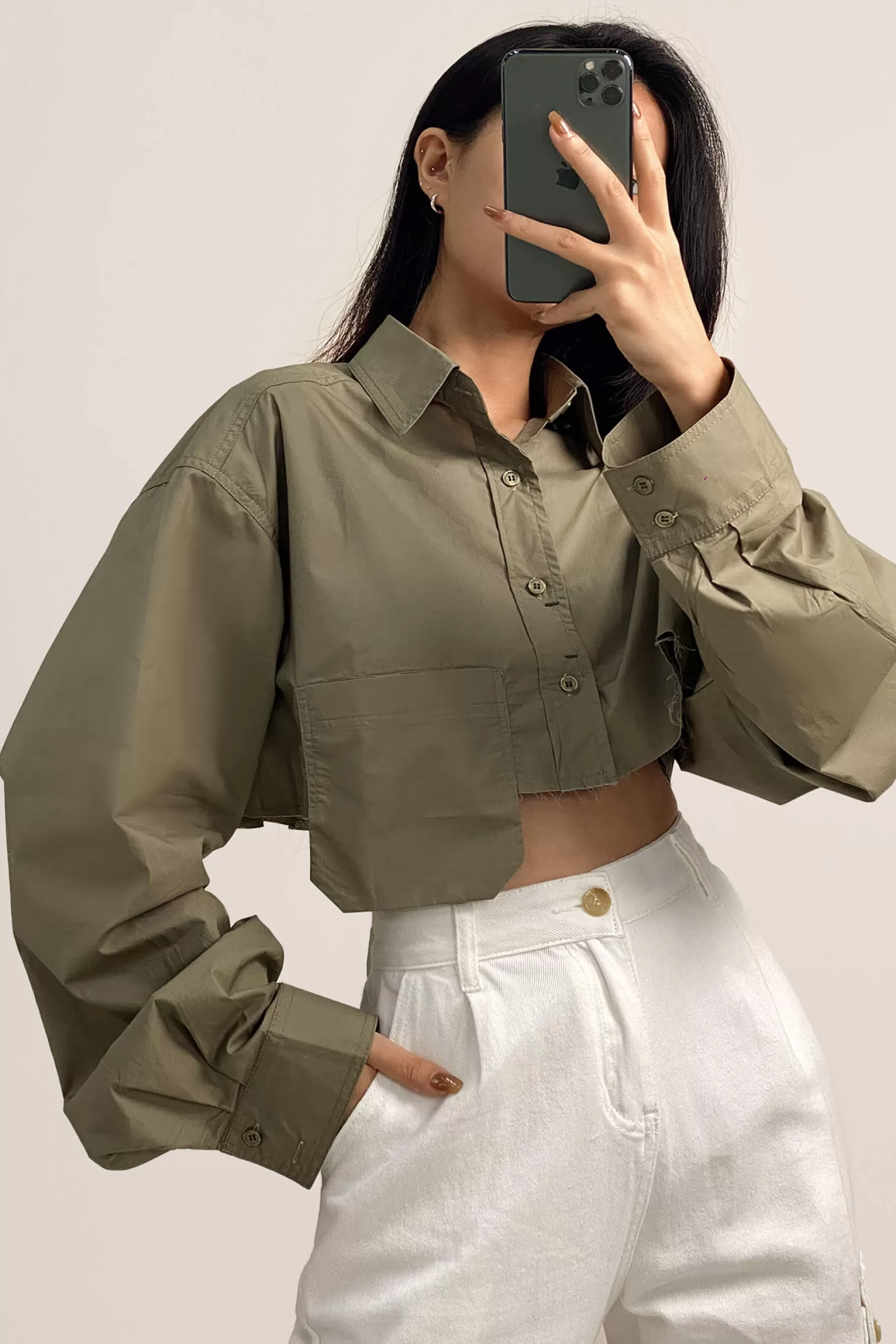 Jingus Dark Khaki Pocket Detail Cropped Shirt-J.ING