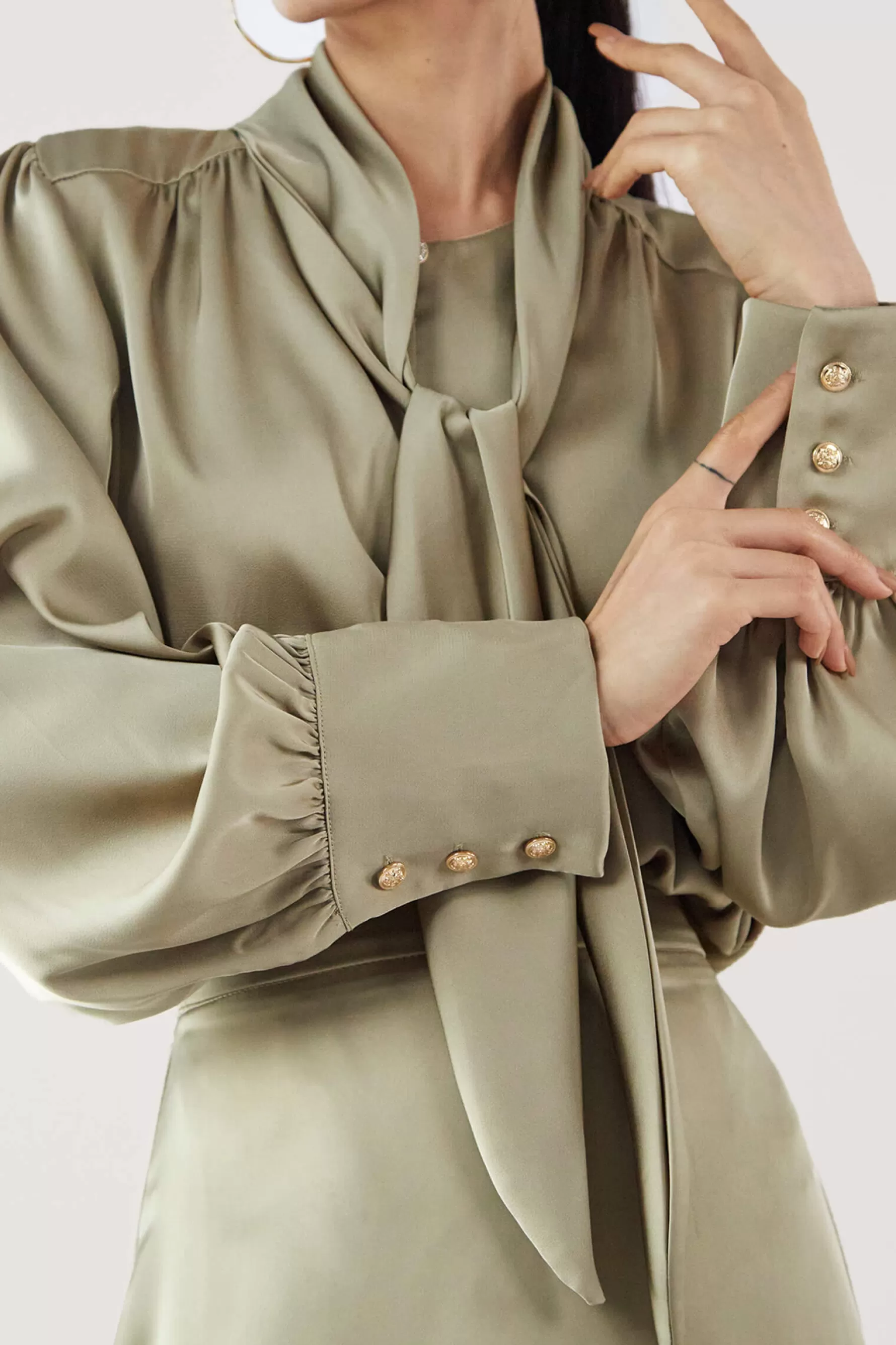 Jingus Dark Khaki Satin Ballon Sleeve Blouse-J.ING