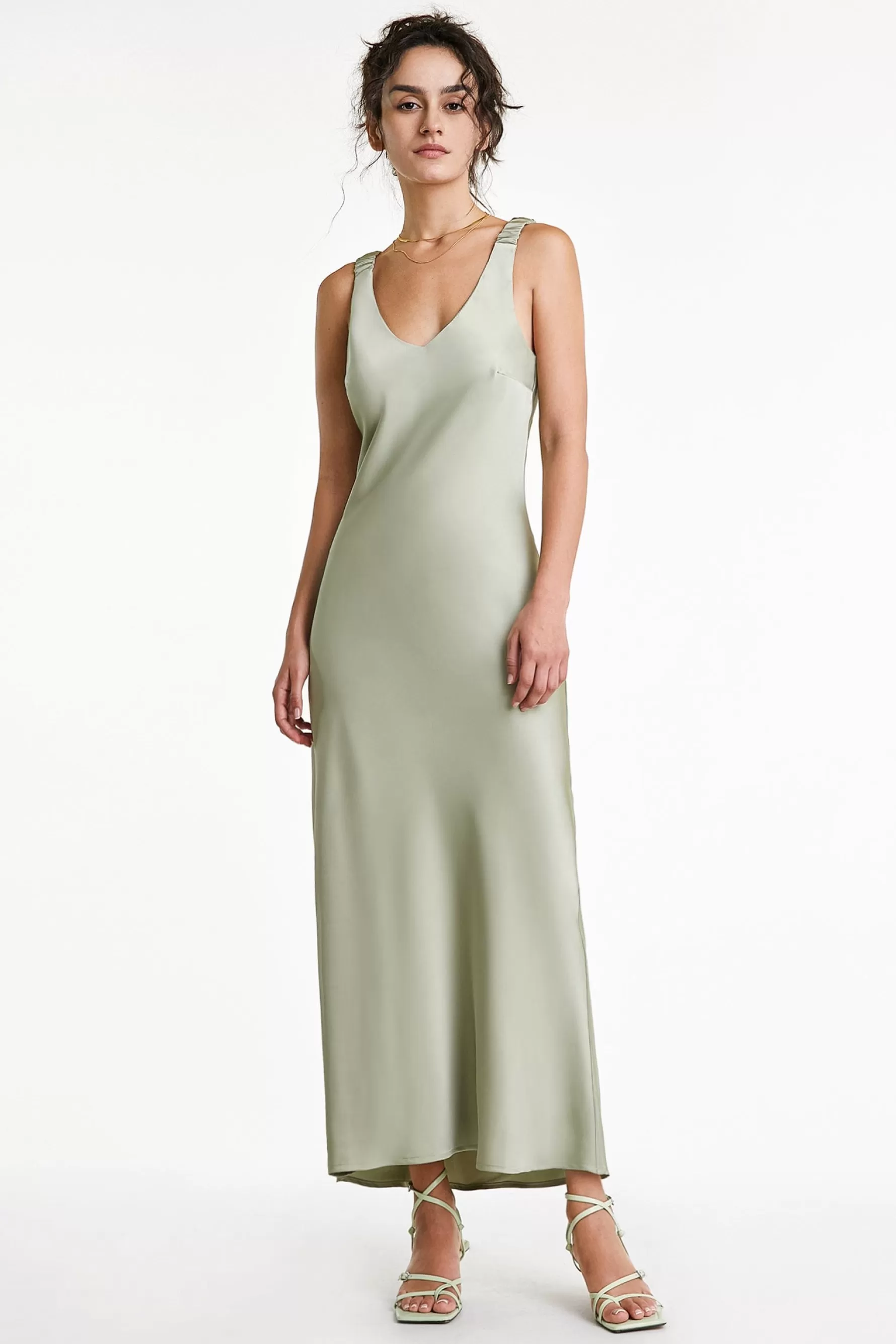 Jingus Dark Sea Green Satin Ruched Strap V-Neck Midaxi Dress-J.ING