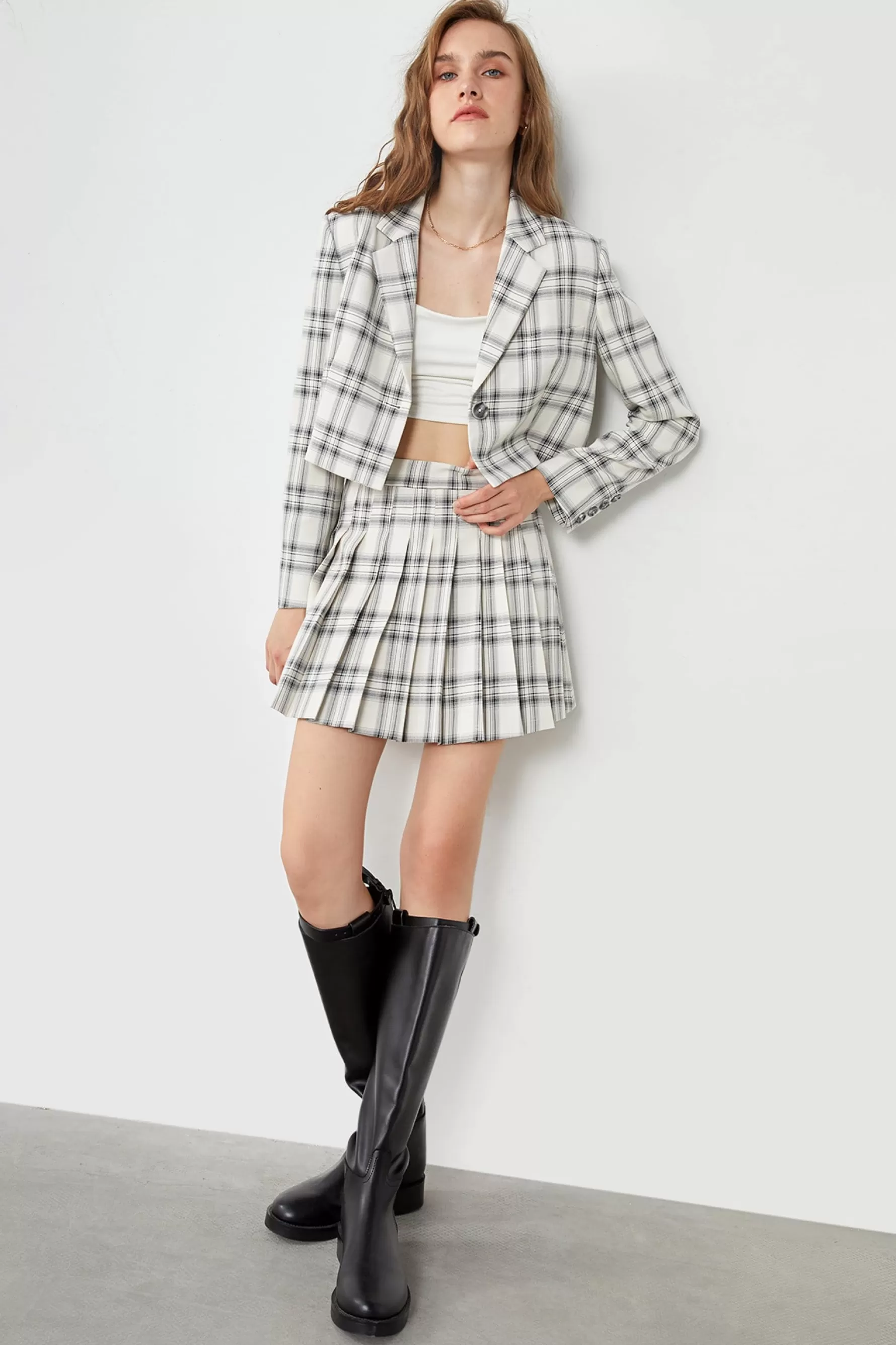 Jingus Elliott Crossbar Plaid Print Blazer-J.ING