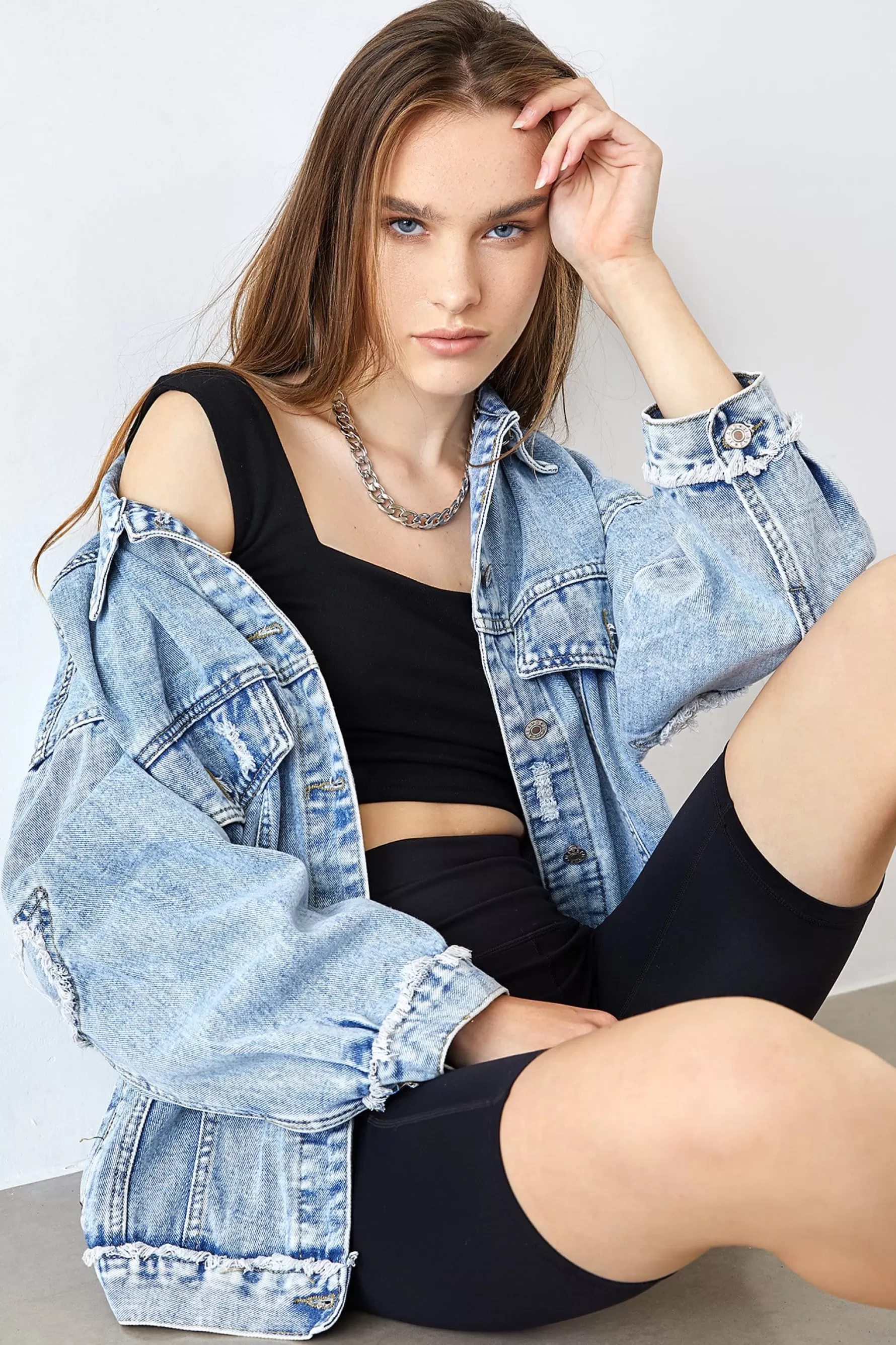 Jingus Elsy Steel Blue Distressed Denim Jacket-J.ING