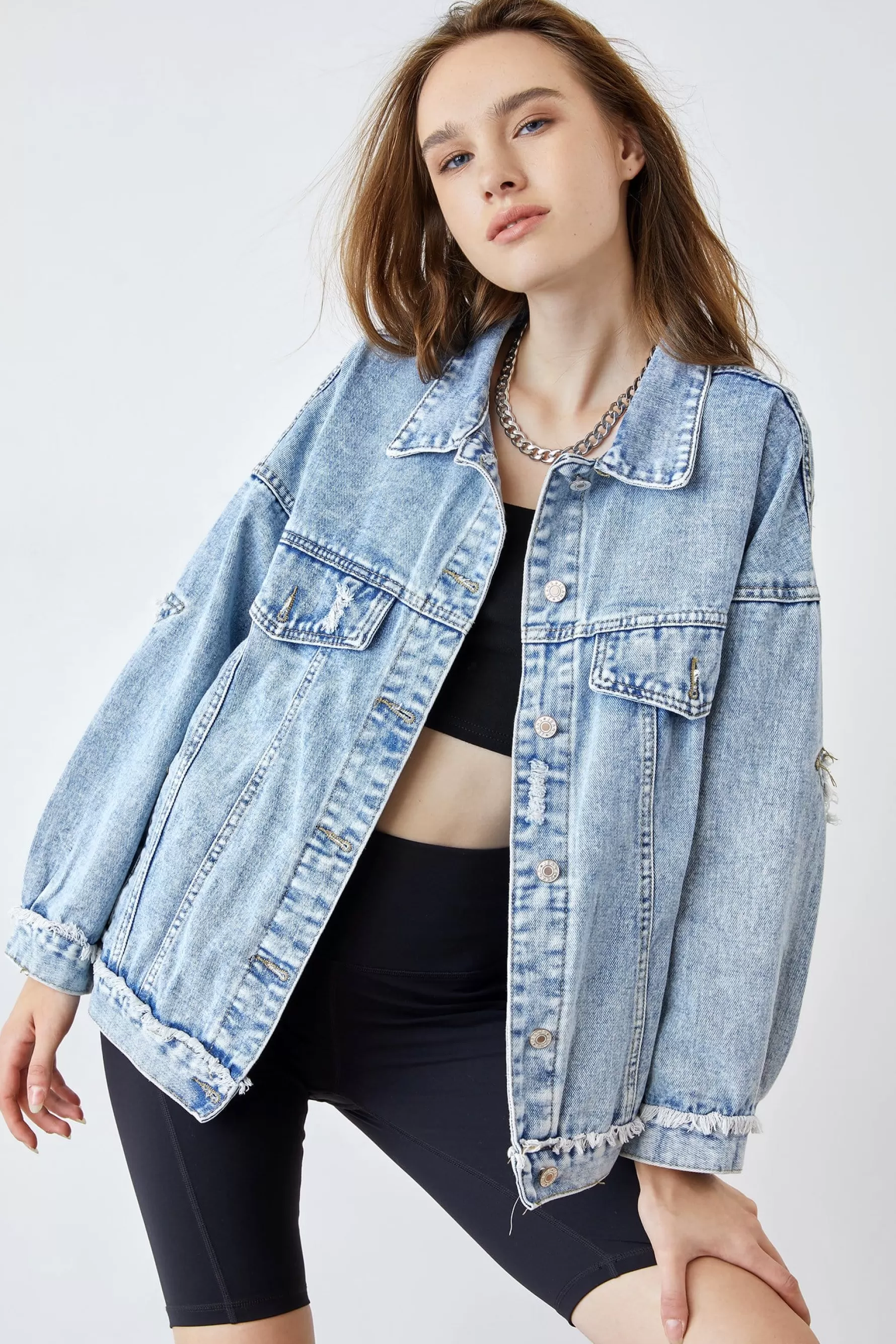 Jingus Elsy Steel Blue Distressed Denim Jacket-J.ING